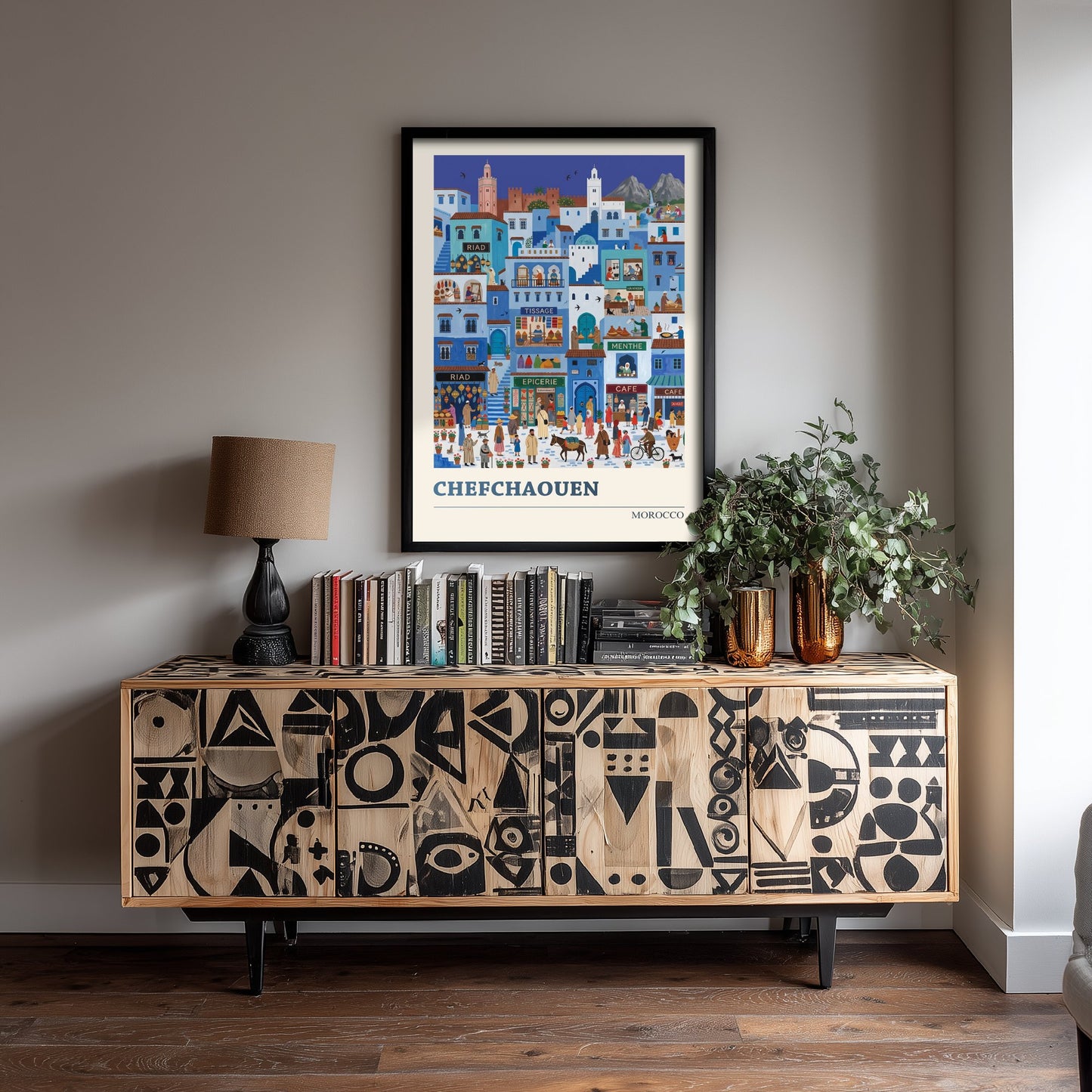 Chefchaouen Morocco Travel Poster - Blue City Folk Art Print - Medina Souk Illustration - Rif Mountains 1/3
