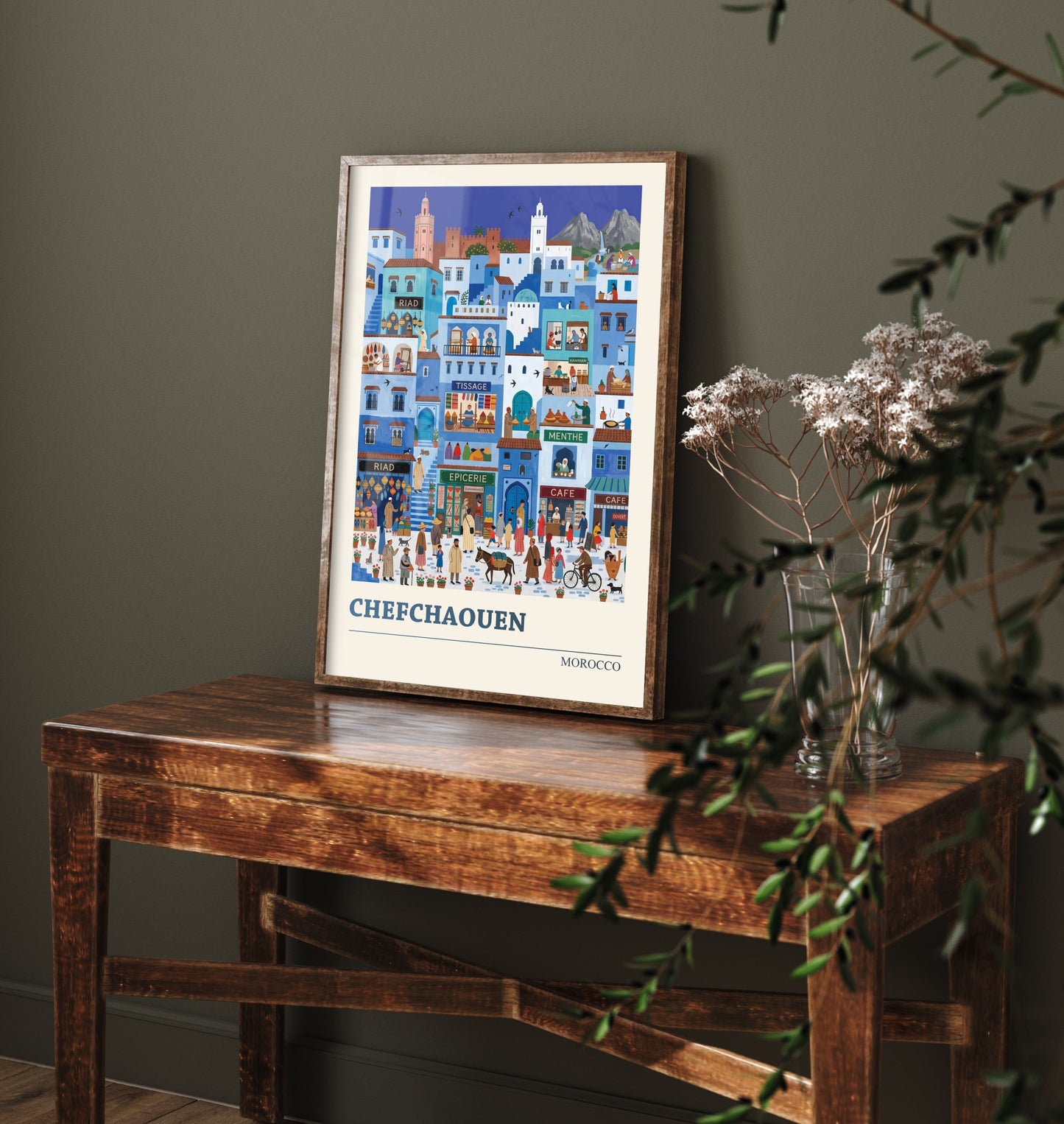 Chefchaouen Morocco Travel Poster - Blue City Folk Art Print - Medina Souk Illustration - Rif Mountains 1/3