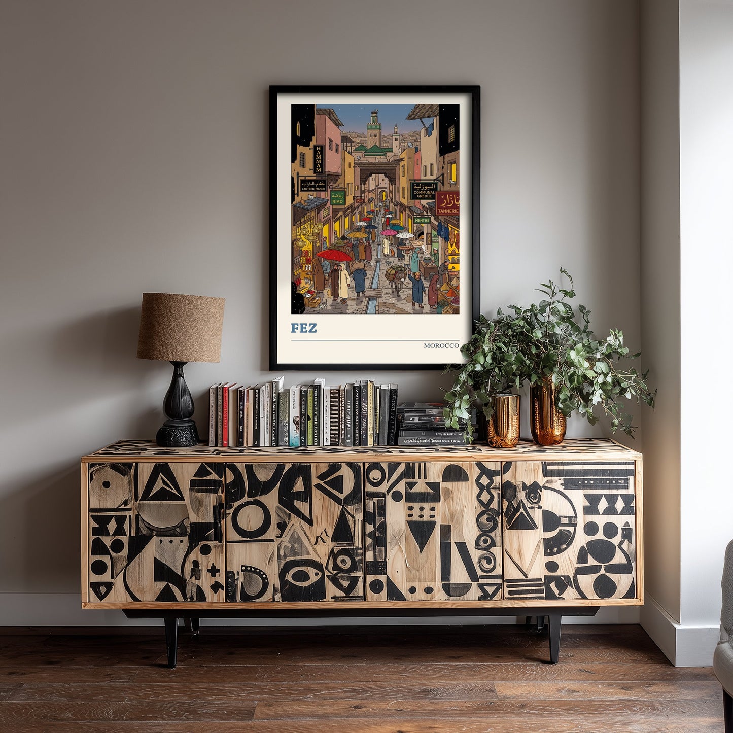 Fez Morocco Travel Poster - Medina Souk Art Print - Rainy Night Bazaar Illustration - Umbrellas and Lanterns 2/3