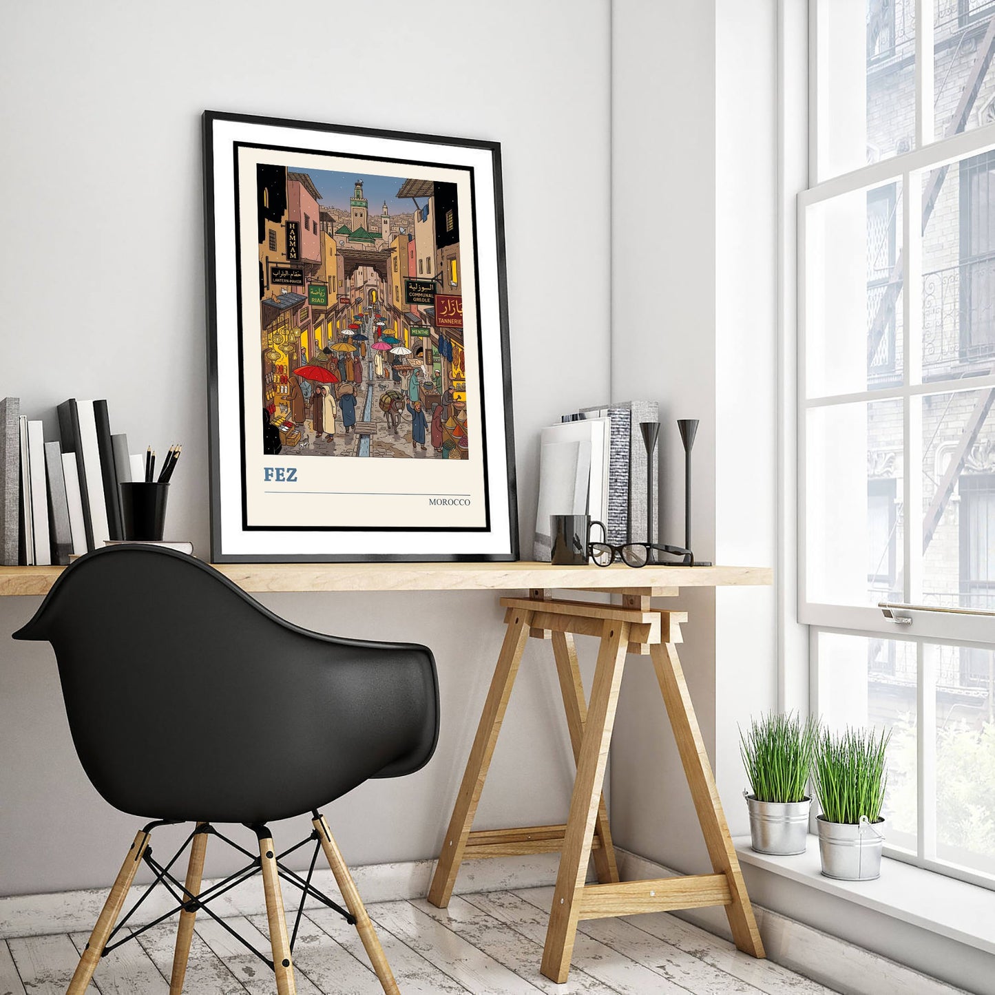 Fez Morocco Travel Poster - Medina Souk Art Print - Rainy Night Bazaar Illustration - Umbrellas and Lanterns 2/3