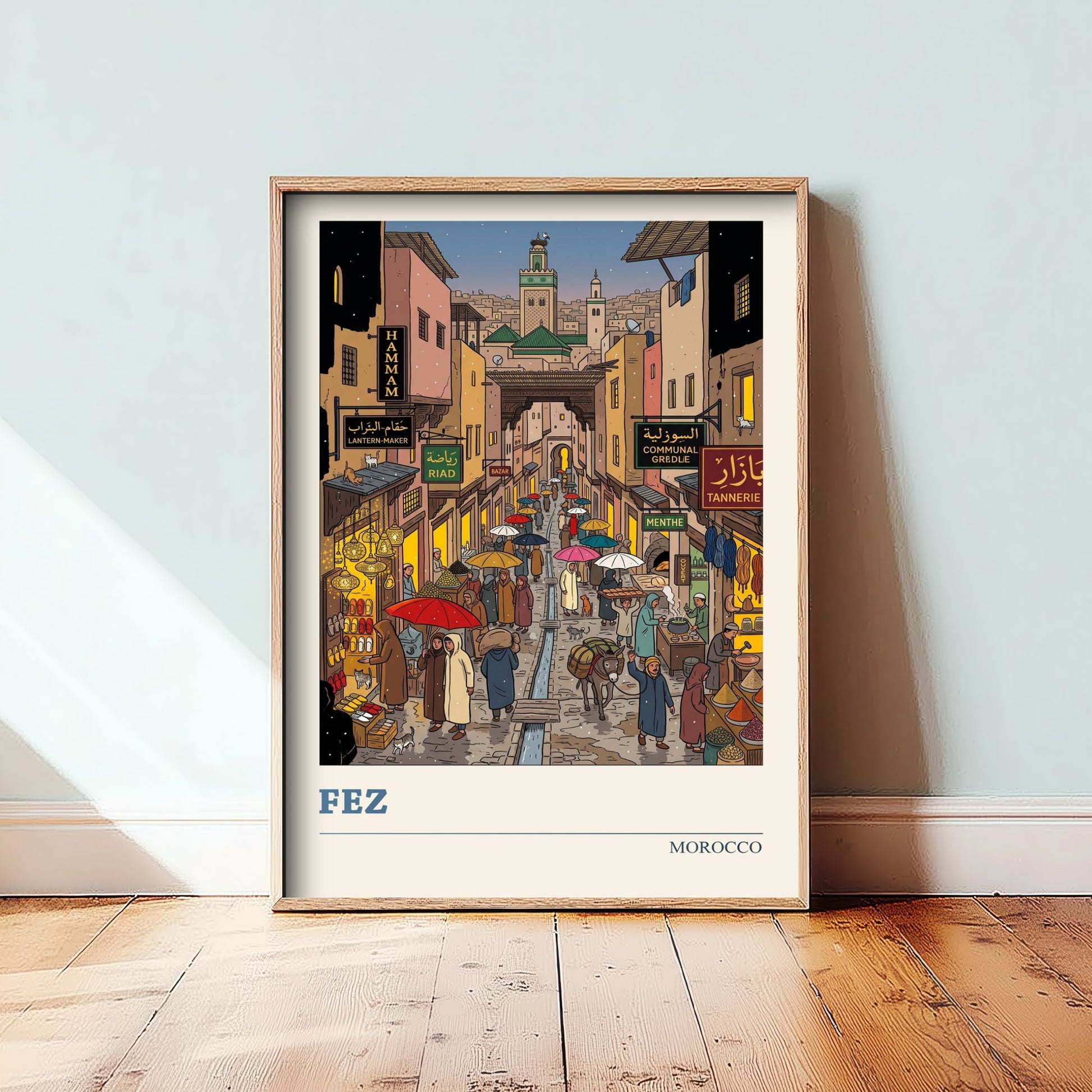 Fez Morocco Travel Poster - Medina Souk Art Print - Rainy Night Bazaar Illustration - Umbrellas and Lanterns 2/3