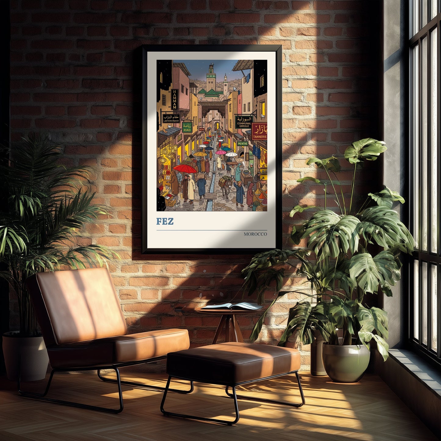Fez Morocco Travel Poster - Medina Souk Art Print - Rainy Night Bazaar Illustration - Umbrellas and Lanterns 2/3