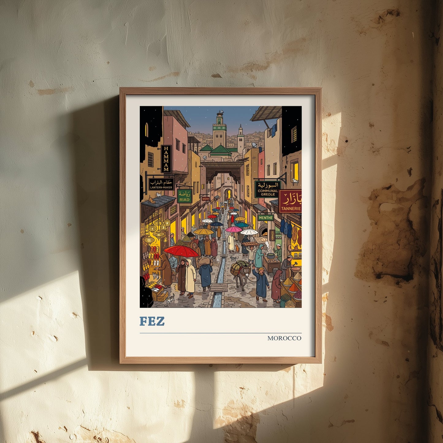 Fez Morocco Travel Poster - Medina Souk Art Print - Rainy Night Bazaar Illustration - Umbrellas and Lanterns 2/3
