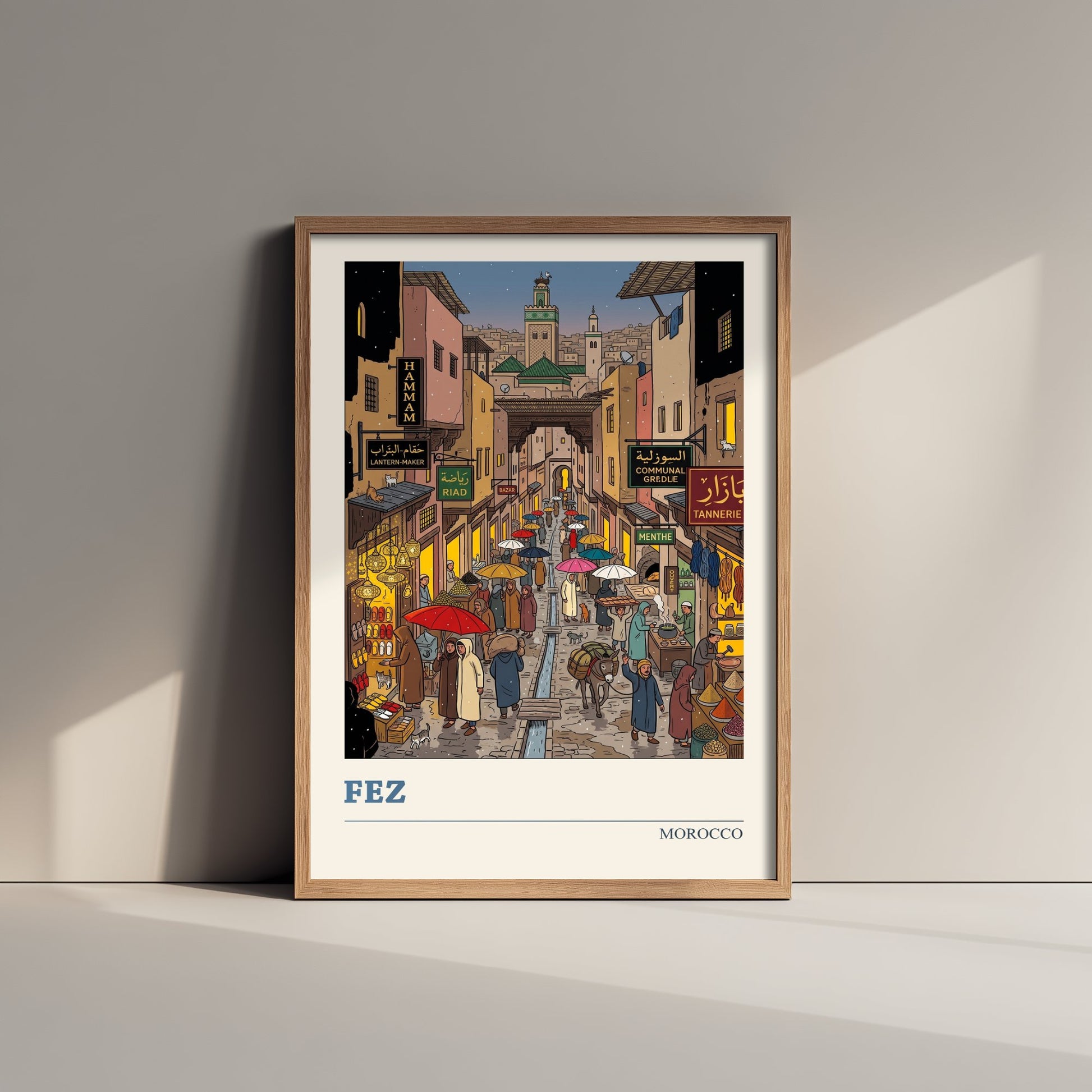 Fez Morocco Travel Poster - Medina Souk Art Print - Rainy Night Bazaar Illustration - Umbrellas and Lanterns 2/3