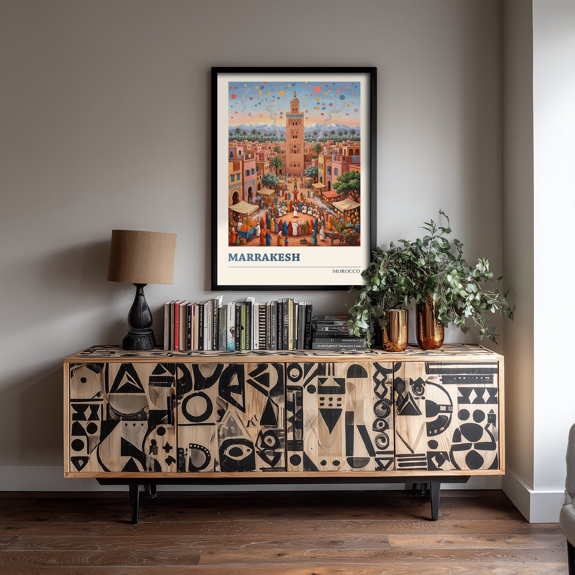 Marrakesh Morocco Travel Poster - Koutoubia Mosque Art Print - Market Square Folk Illustration - Atlas Mountains Sunset 3/3