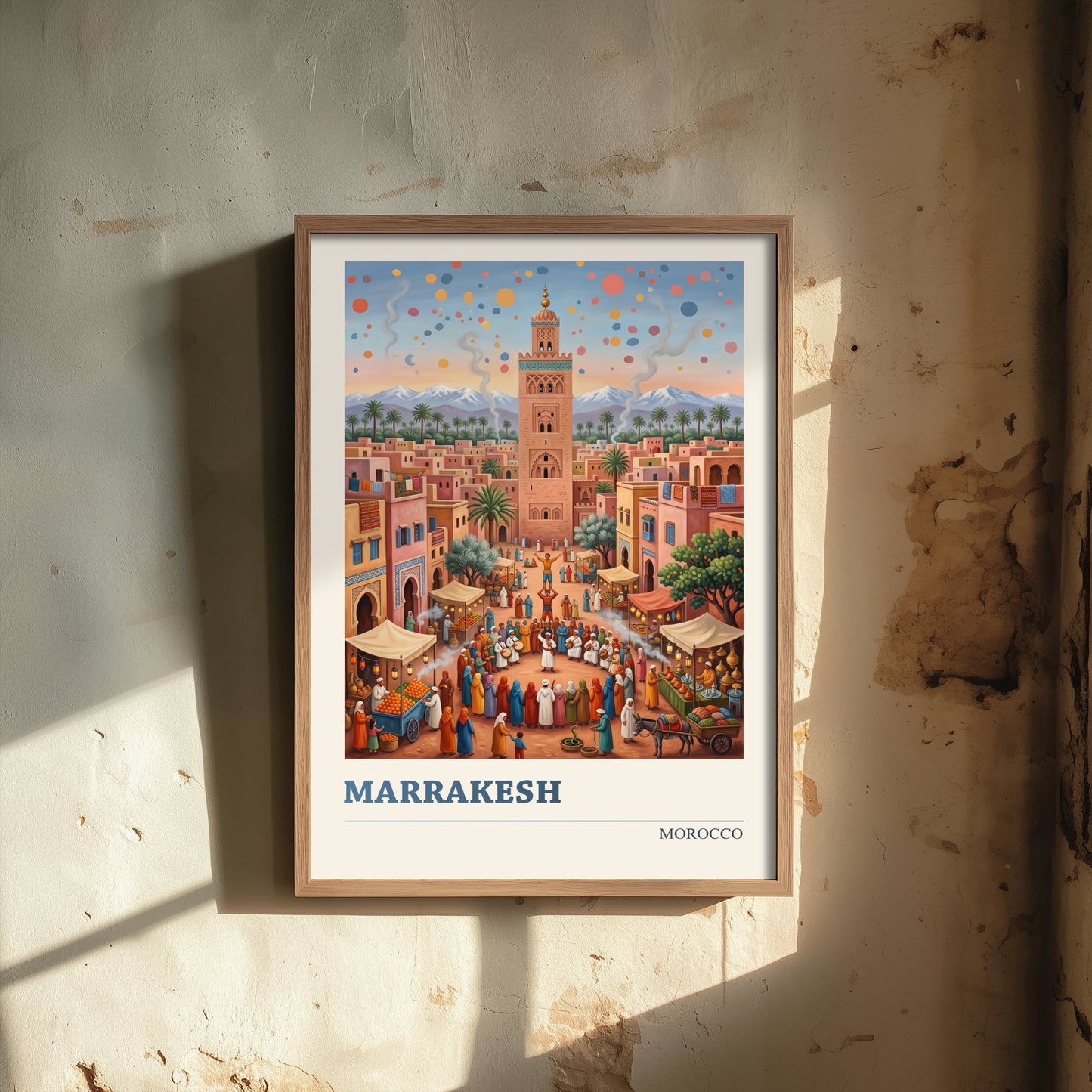 Marrakesh Morocco Travel Poster - Koutoubia Mosque Art Print - Market Square Folk Illustration - Atlas Mountains Sunset 3/3