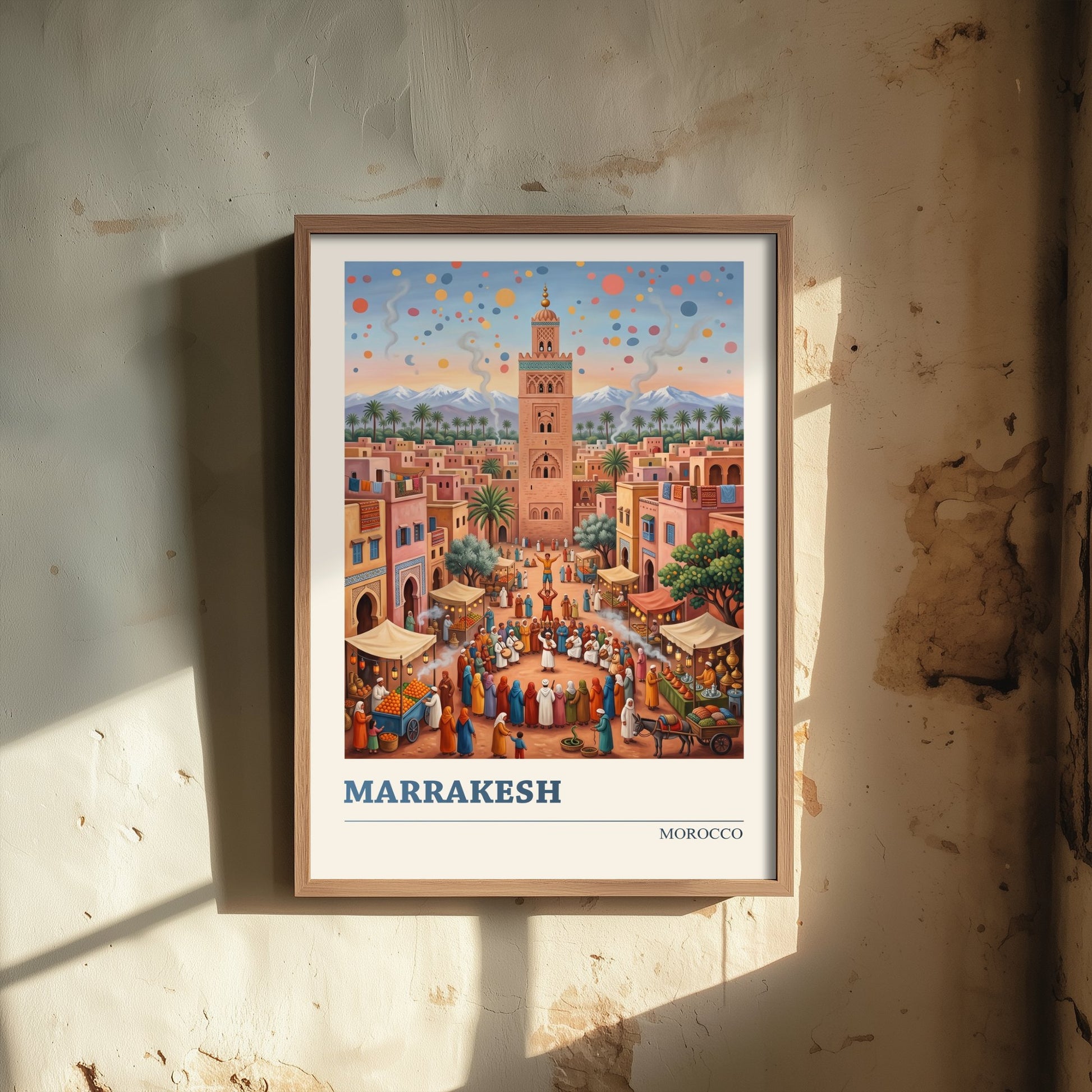 Marrakesh Morocco Travel Poster - Koutoubia Mosque Art Print - Market Square Folk Illustration - Atlas Mountains Sunset 3/3