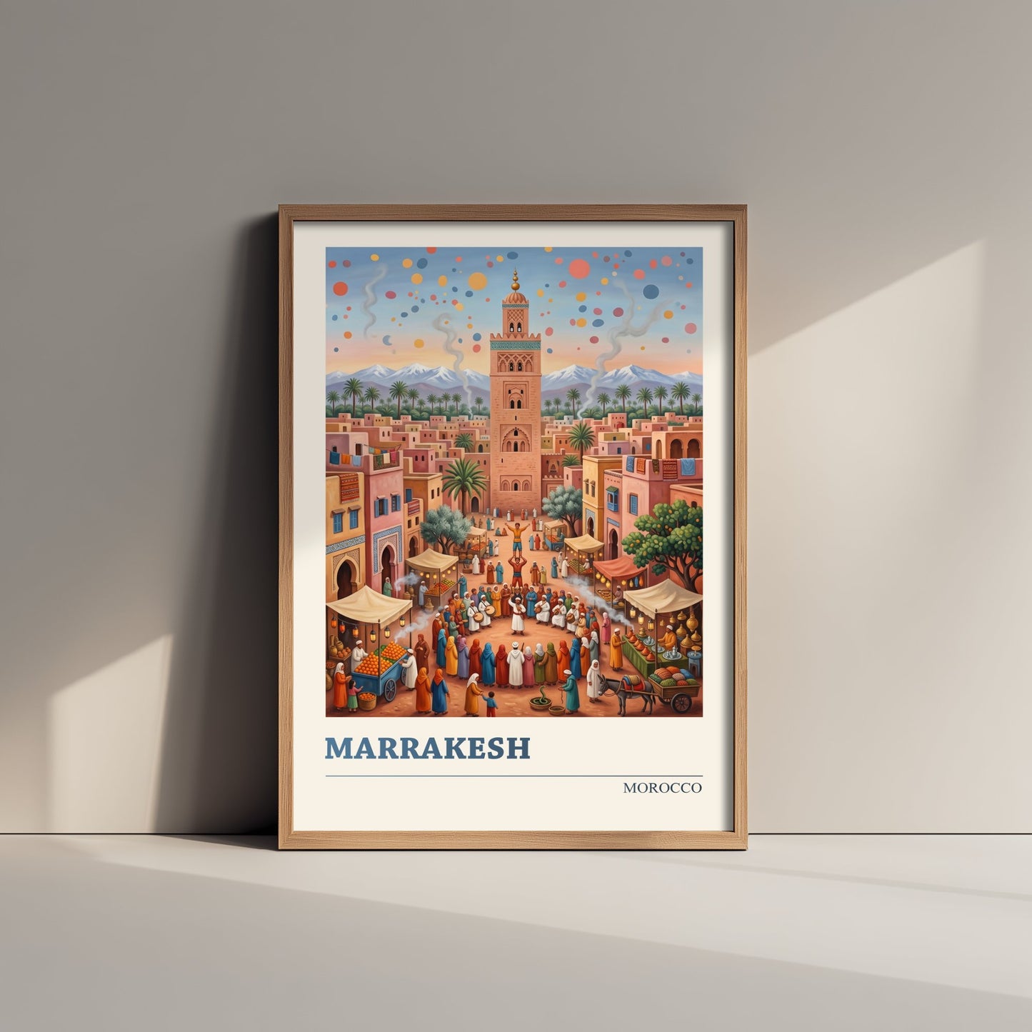 Marrakesh Morocco Travel Poster - Koutoubia Mosque Art Print - Market Square Folk Illustration - Atlas Mountains Sunset 3/3
