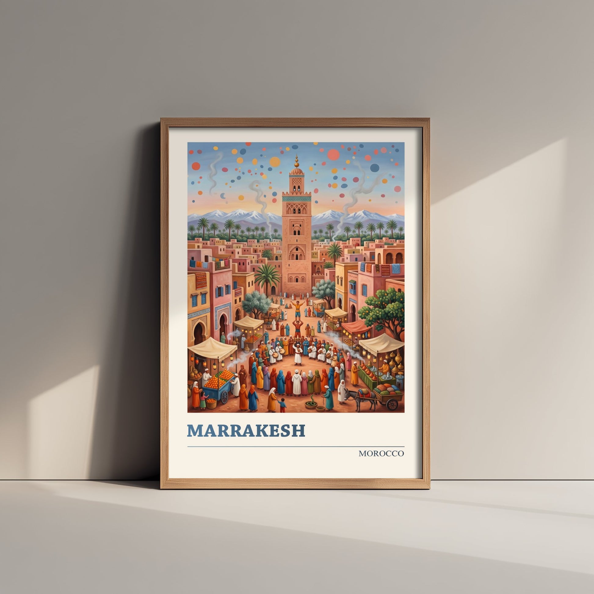 Marrakesh Morocco Travel Poster - Koutoubia Mosque Art Print - Market Square Folk Illustration - Atlas Mountains Sunset 3/3