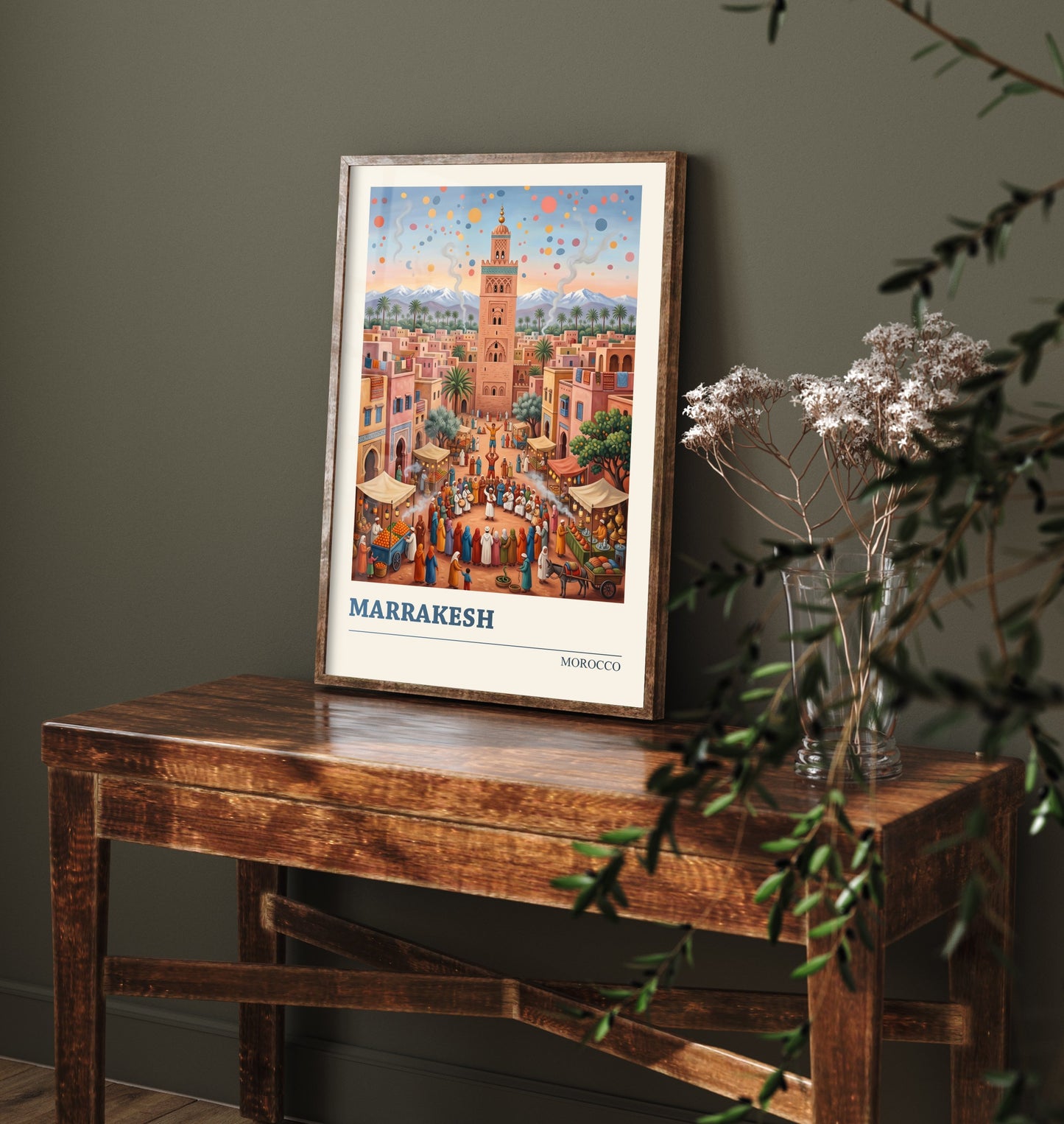 Marrakesh Morocco Travel Poster - Koutoubia Mosque Art Print - Market Square Folk Illustration - Atlas Mountains Sunset 3/3