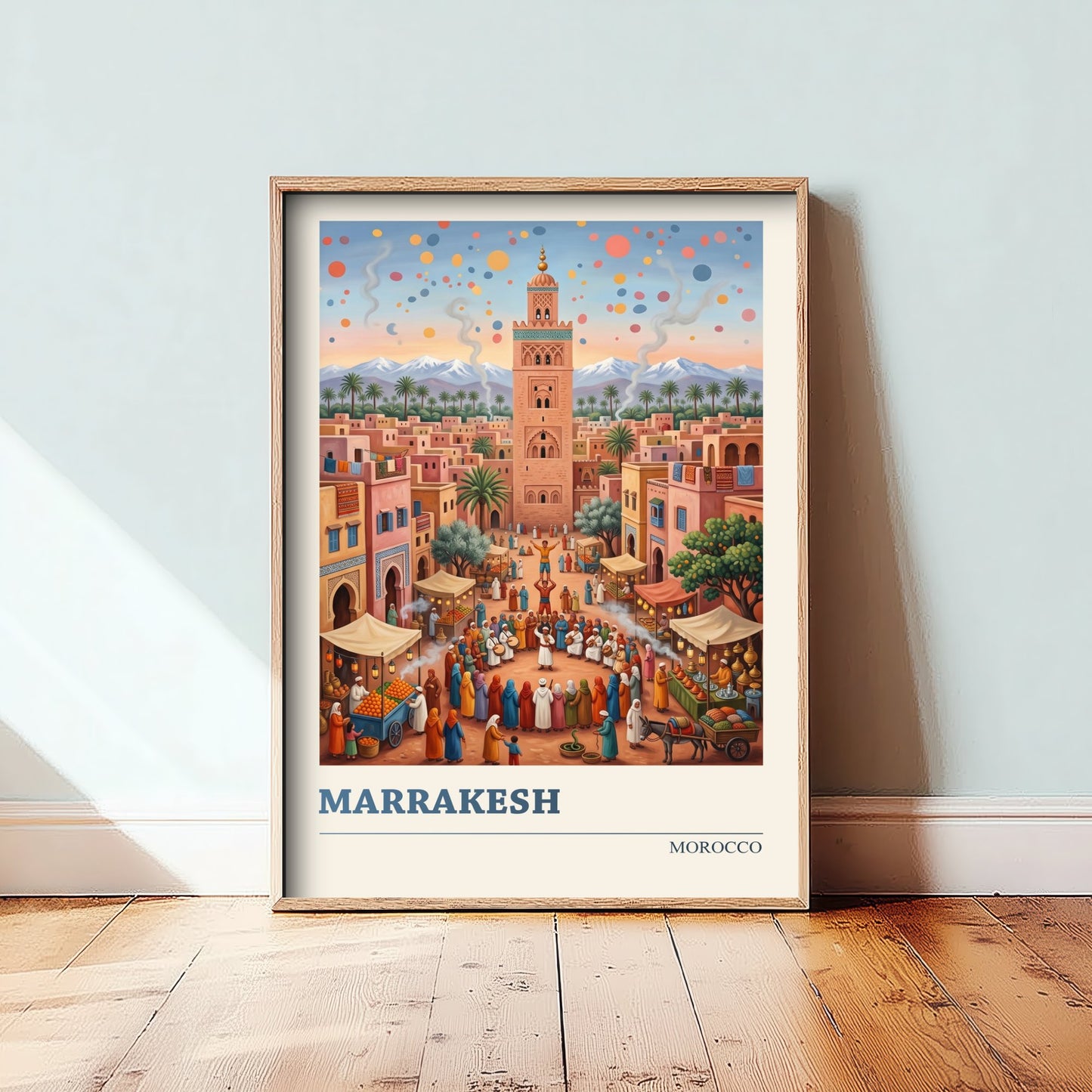 Marrakesh Morocco Travel Poster - Koutoubia Mosque Art Print - Market Square Folk Illustration - Atlas Mountains Sunset 3/3