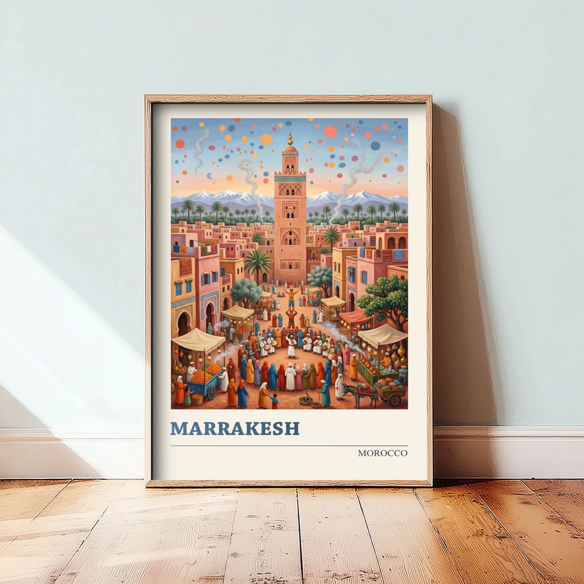 Marrakesh Morocco Travel Poster - Koutoubia Mosque Art Print - Market Square Folk Illustration - Atlas Mountains Sunset 3/3