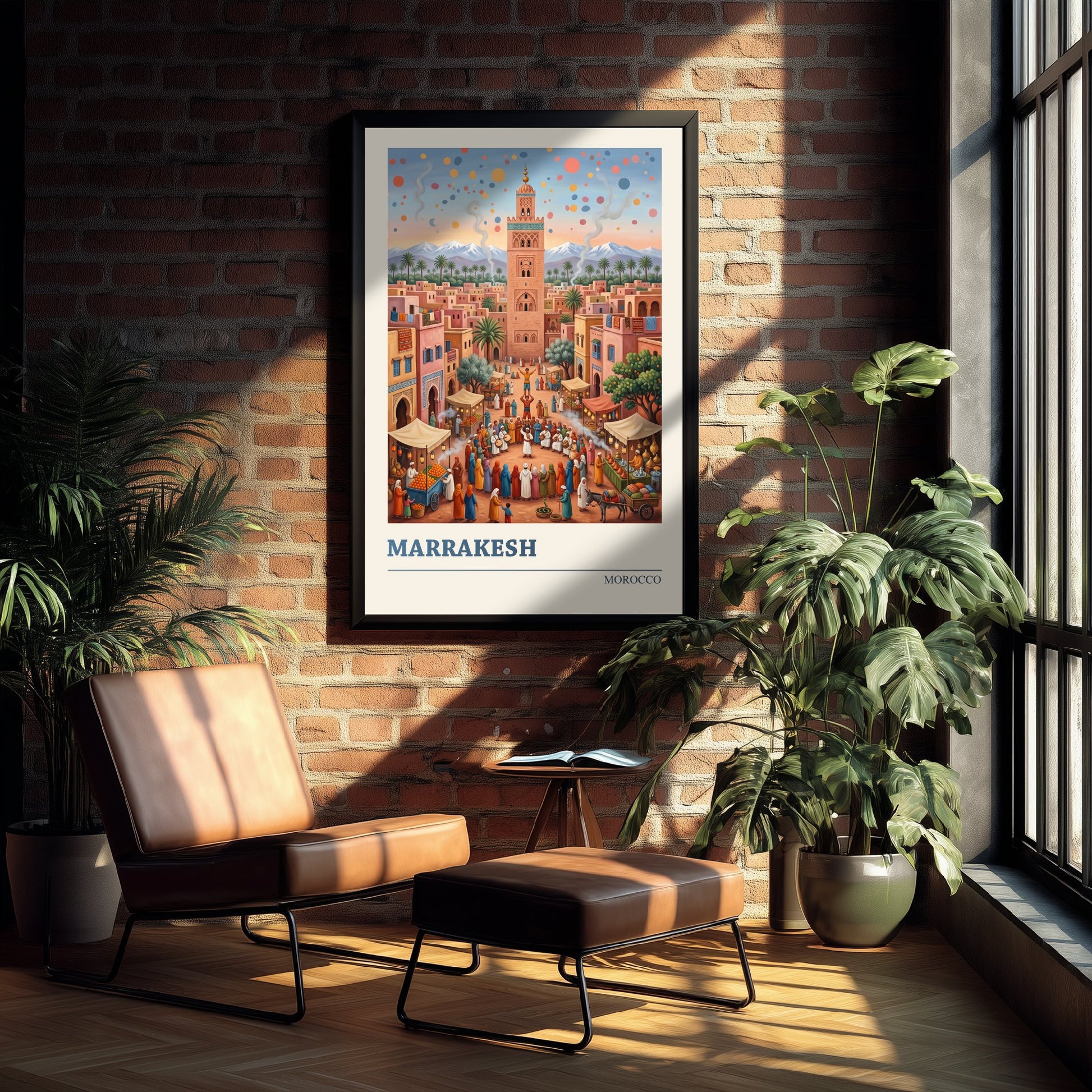 Marrakesh Morocco Travel Poster - Koutoubia Mosque Art Print - Market Square Folk Illustration - Atlas Mountains Sunset 3/3
