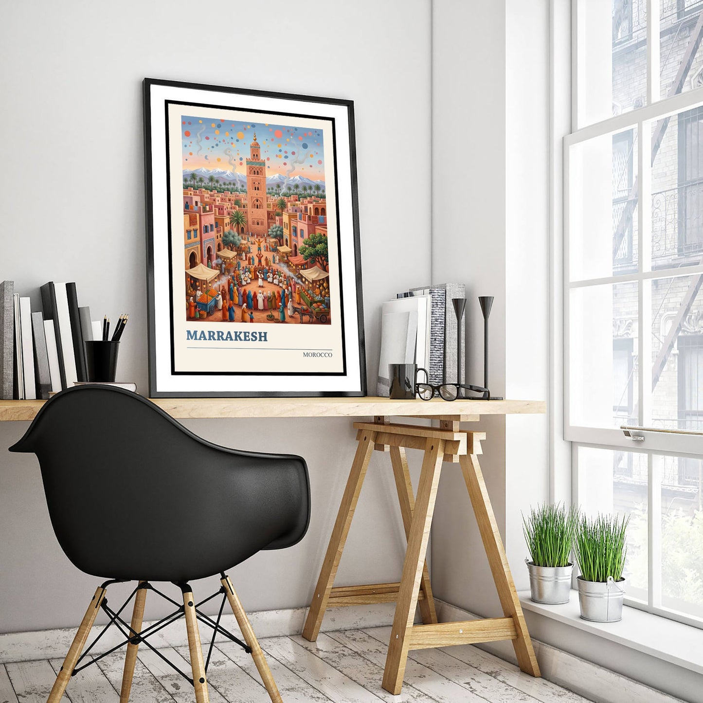 Marrakesh Morocco Travel Poster - Koutoubia Mosque Art Print - Market Square Folk Illustration - Atlas Mountains Sunset 3/3