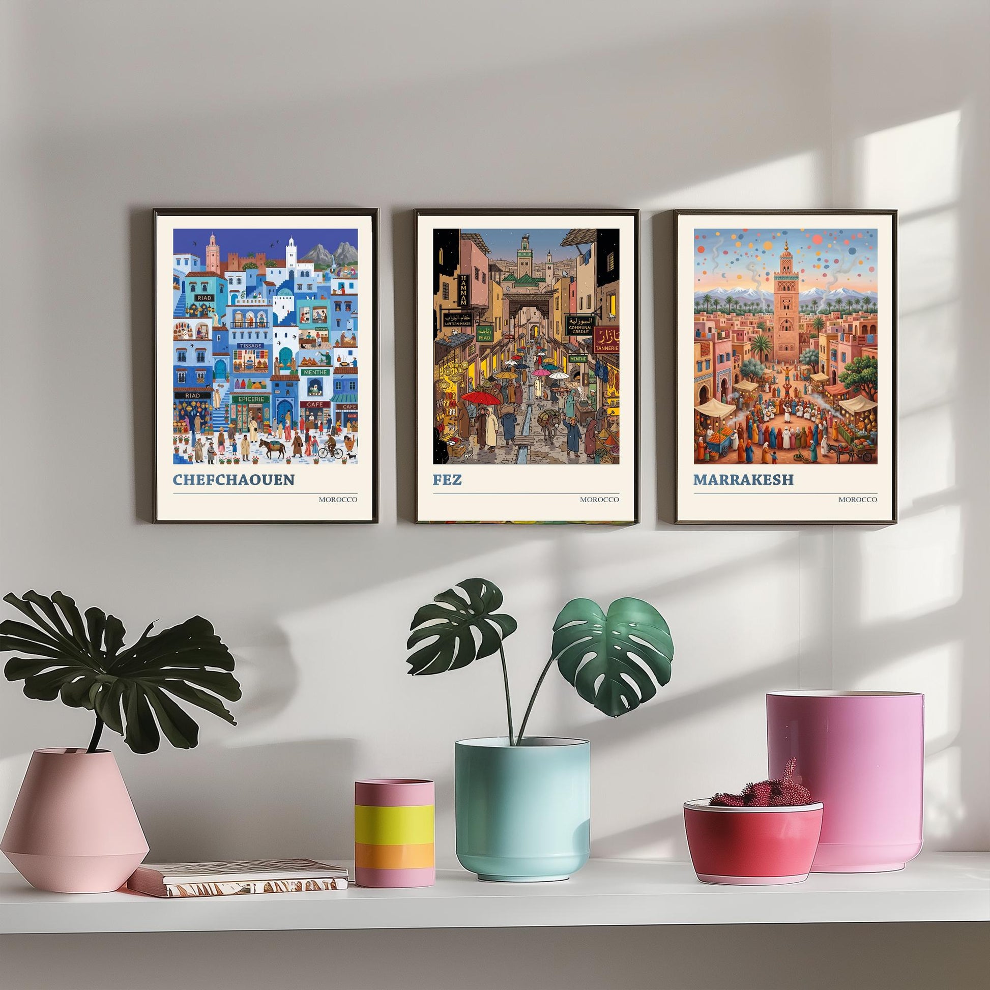 Morocco Set of Three Art Prints - Chefchaouen, Fez, Marrakesh - 3 Colourful Folk Illustration Travel Posters - Moroccan Painting