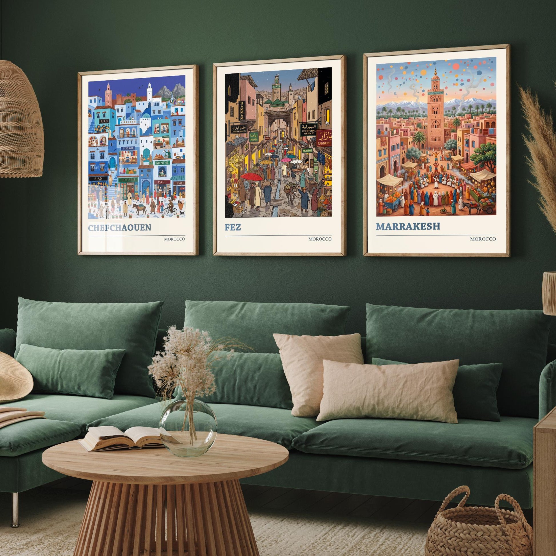 Morocco Set of Three Art Prints - Chefchaouen, Fez, Marrakesh - 3 Colourful Folk Illustration Travel Posters - Moroccan Painting