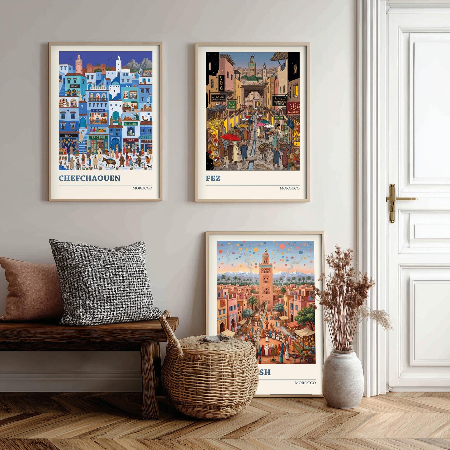 Morocco Set of Three Art Prints - Chefchaouen, Fez, Marrakesh - 3 Colourful Folk Illustration Travel Posters - Moroccan Painting