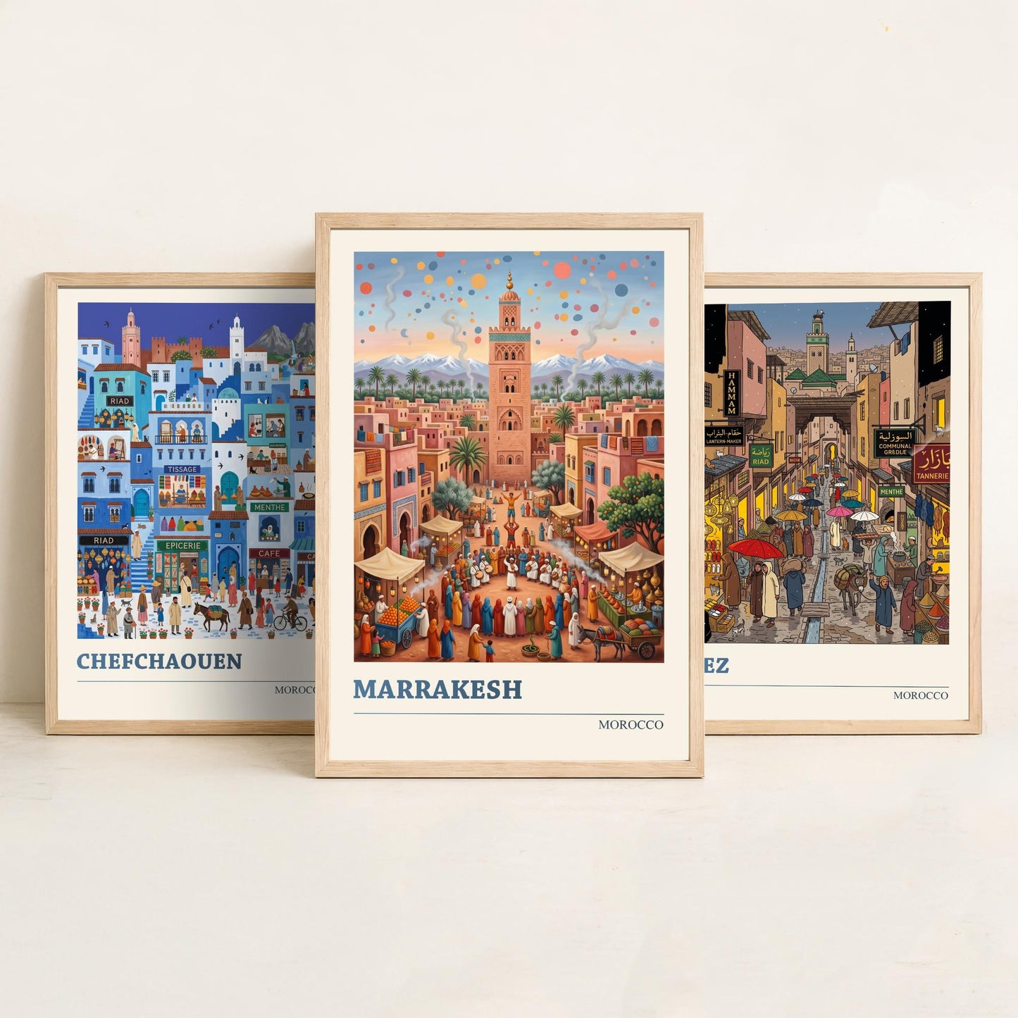 Morocco Set of Three Art Prints - Chefchaouen, Fez, Marrakesh - 3 Colourful Folk Illustration Travel Posters - Moroccan Painting