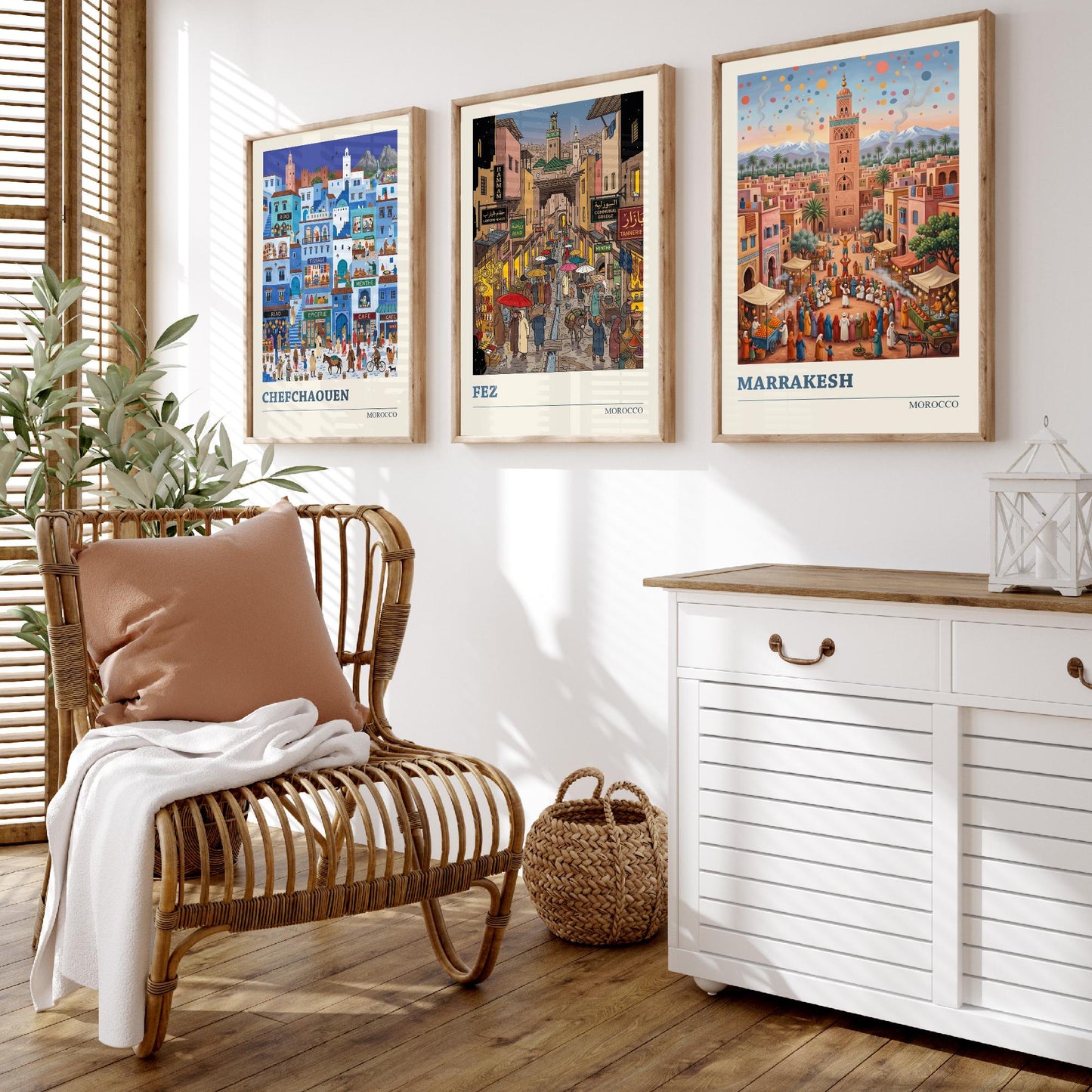 Morocco Set of Three Art Prints - Chefchaouen, Fez, Marrakesh - 3 Colourful Folk Illustration Travel Posters - Moroccan Painting