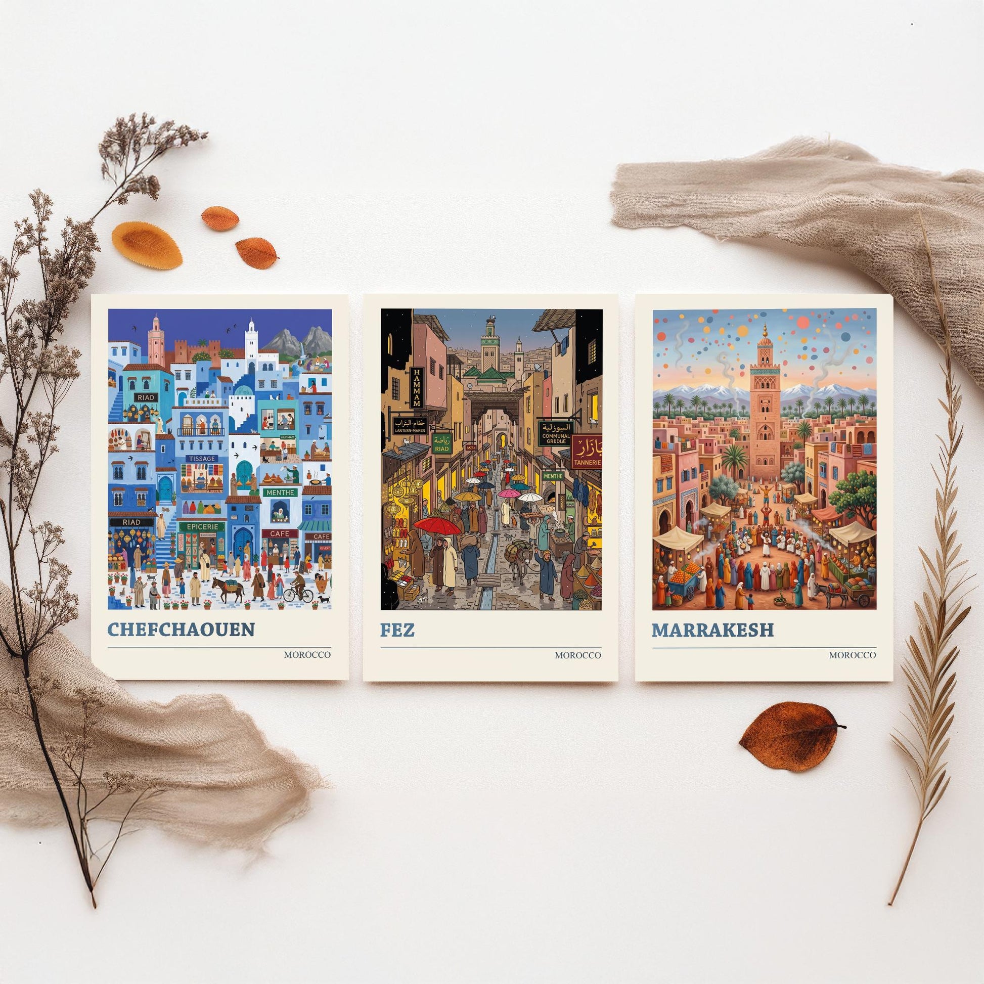 Morocco Set of Three Art Prints - Chefchaouen, Fez, Marrakesh - 3 Colourful Folk Illustration Travel Posters - Moroccan Painting