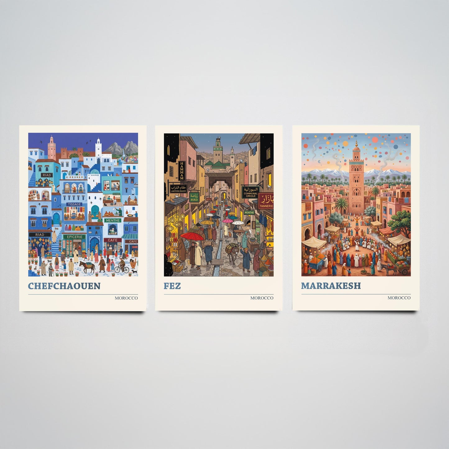 Morocco Set of Three Art Prints - Chefchaouen, Fez, Marrakesh - 3 Colourful Folk Illustration Travel Posters - Moroccan Painting