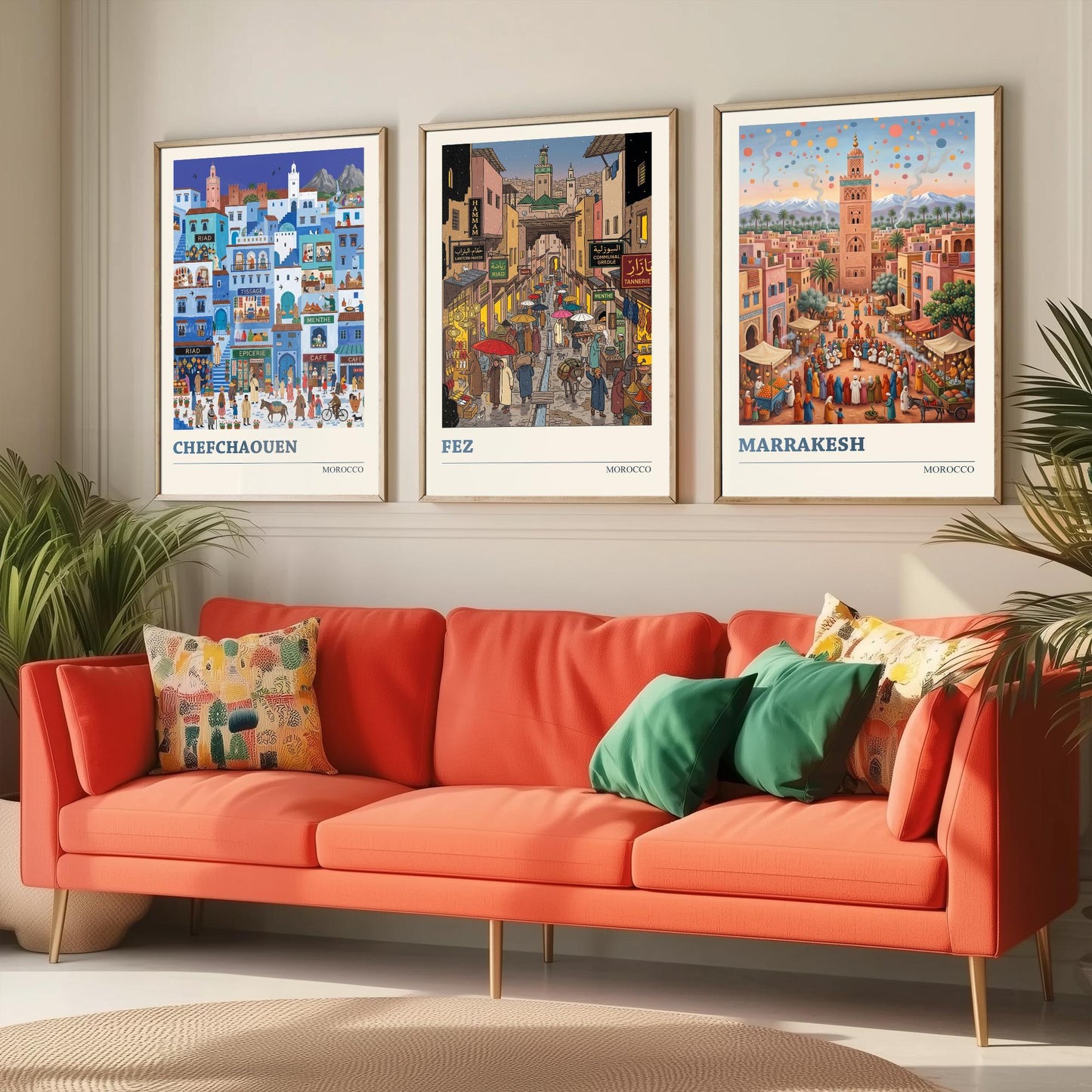Morocco Set of Three Art Prints - Chefchaouen, Fez, Marrakesh - 3 Colourful Folk Illustration Travel Posters - Moroccan Painting