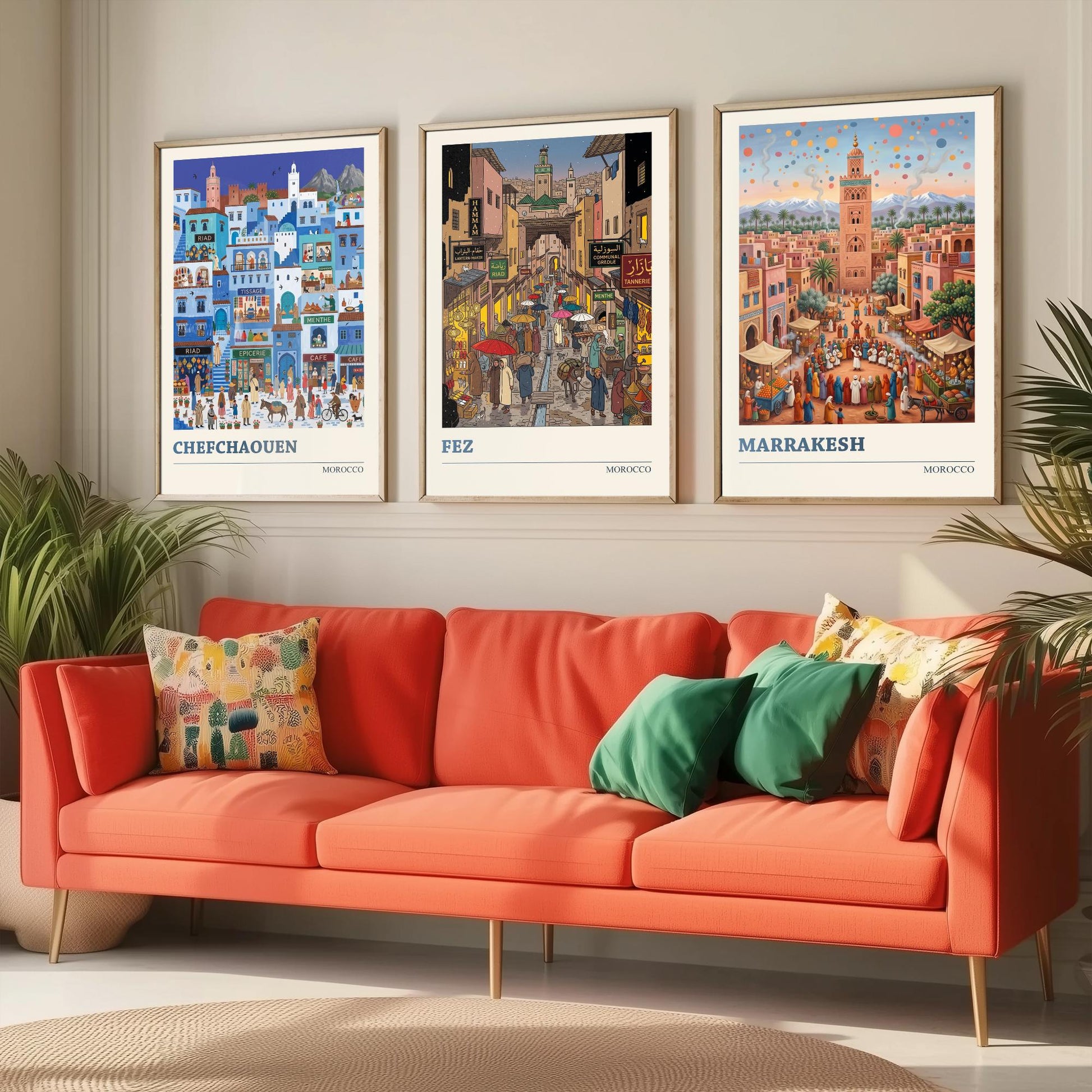 Morocco Set of Three Art Prints - Chefchaouen, Fez, Marrakesh - 3 Colourful Folk Illustration Travel Posters - Moroccan Painting