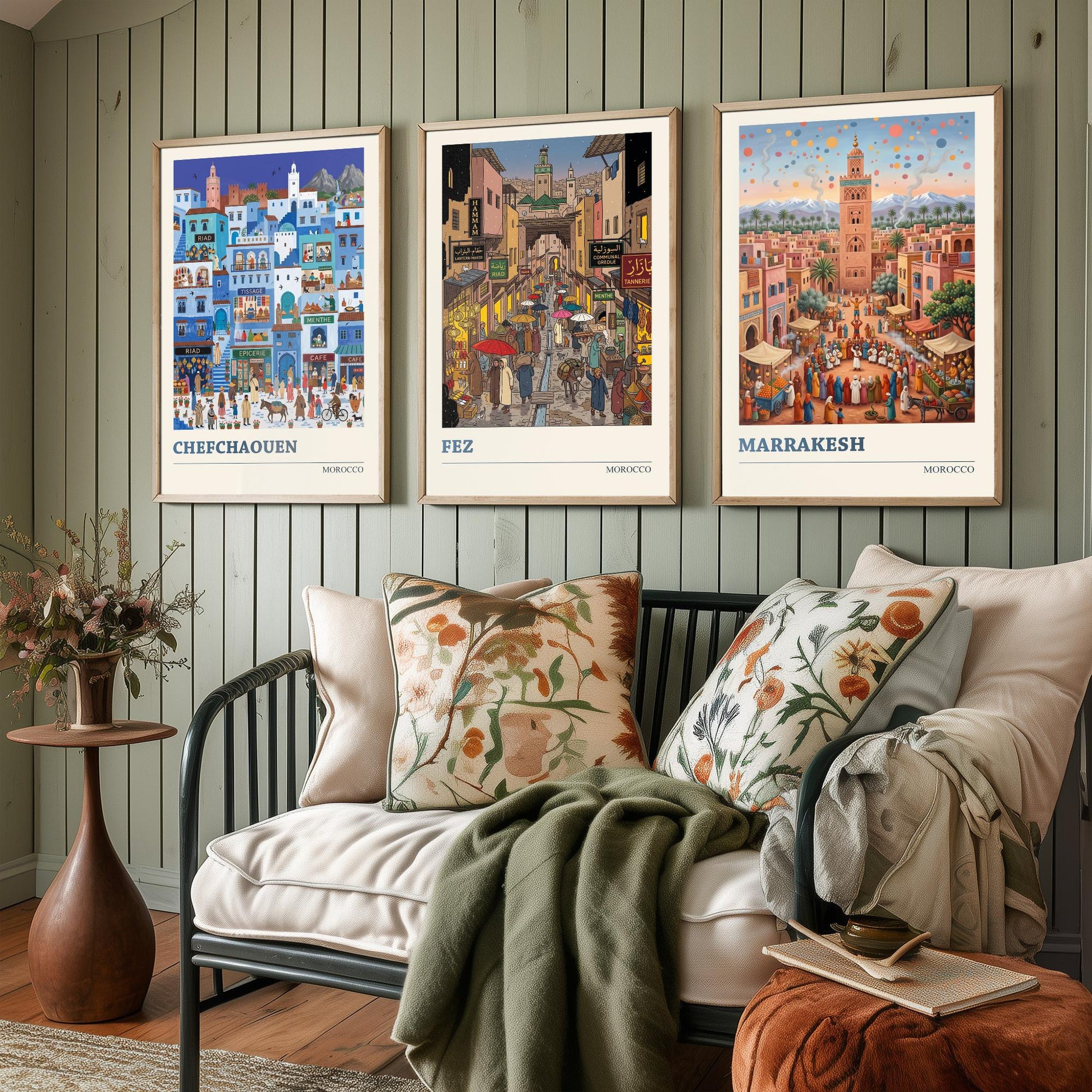 Morocco Set of Three Art Prints - Chefchaouen, Fez, Marrakesh - 3 Colourful Folk Illustration Travel Posters - Moroccan Painting