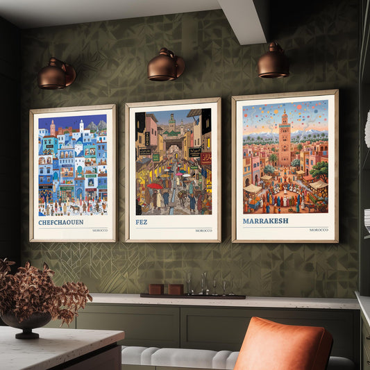 Morocco Set of Three Art Prints - Chefchaouen, Fez, Marrakesh - 3 Colourful Folk Illustration Travel Posters - Moroccan Painting