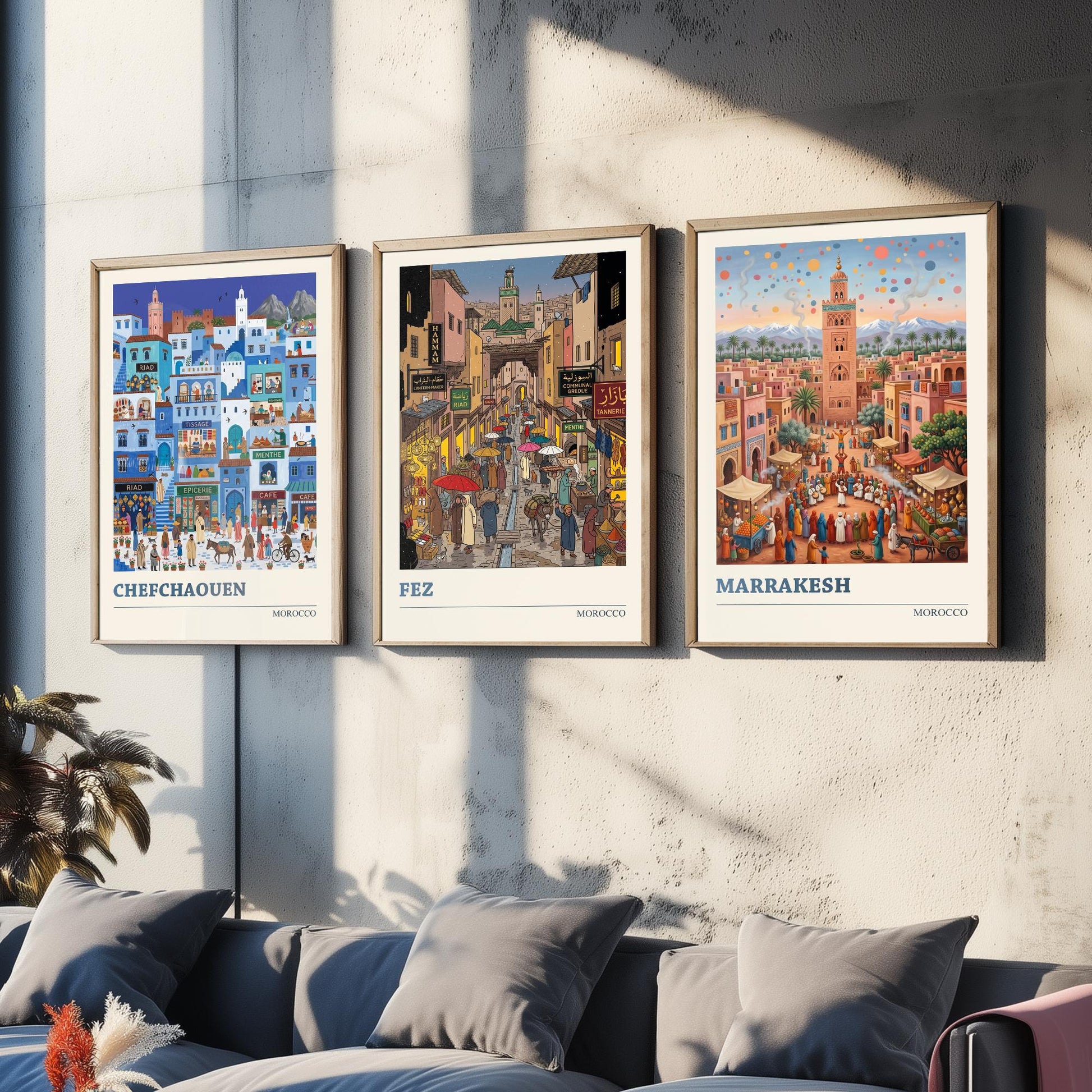 Morocco Set of Three Art Prints - Chefchaouen, Fez, Marrakesh - 3 Colourful Folk Illustration Travel Posters - Moroccan Painting