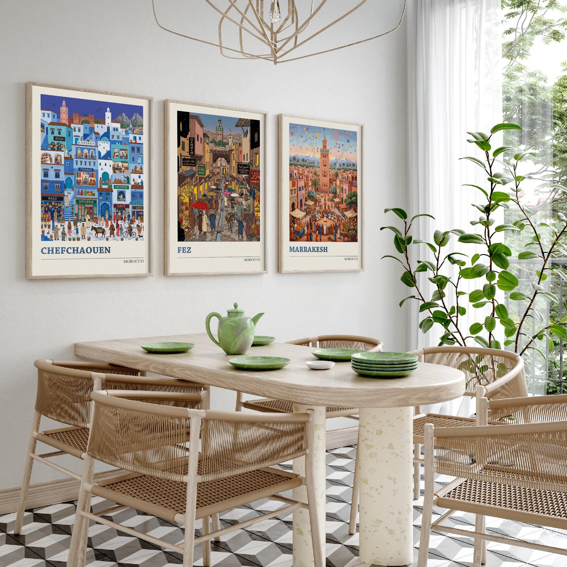 Morocco Set of Three Art Prints - Chefchaouen, Fez, Marrakesh - 3 Colourful Folk Illustration Travel Posters - Moroccan Painting