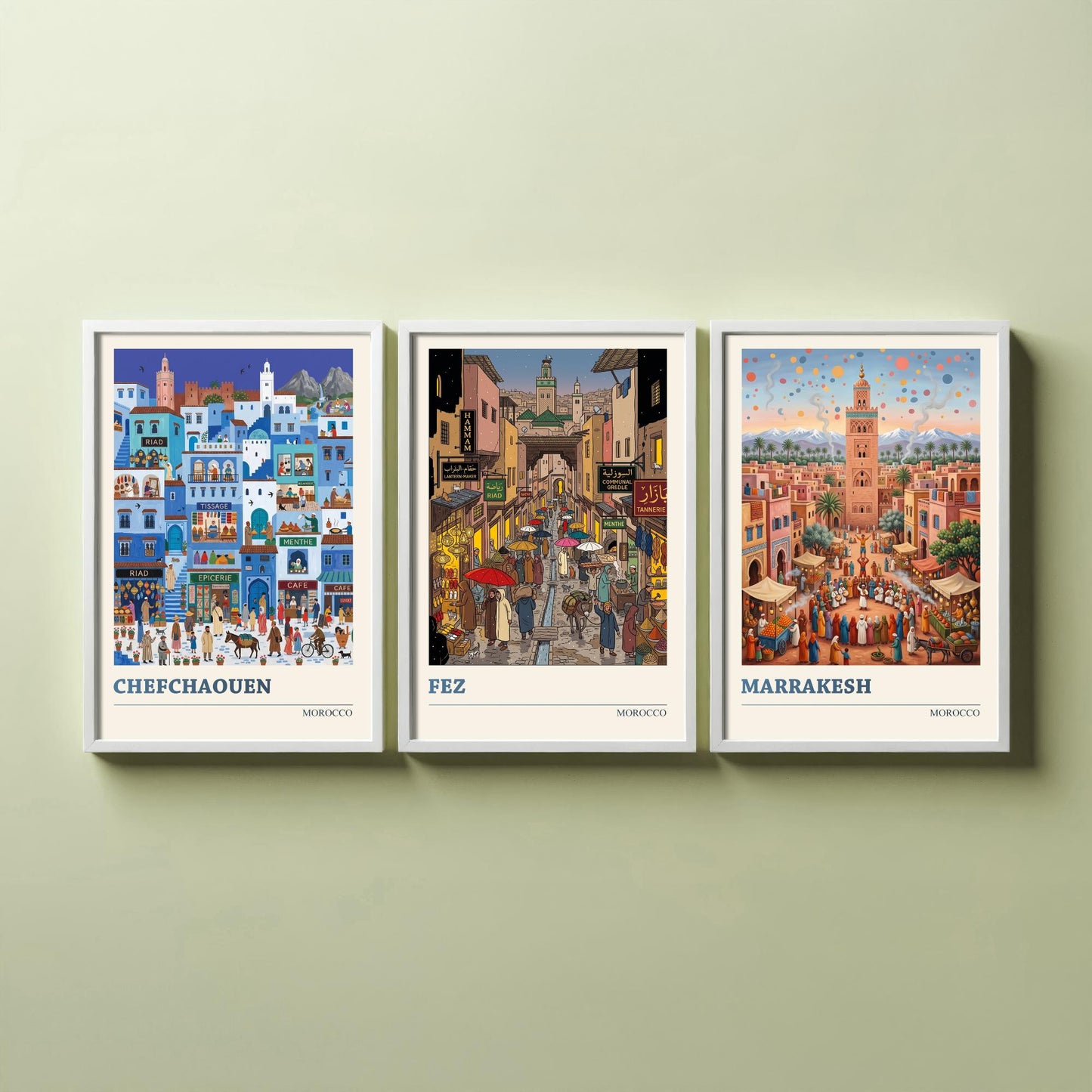 Morocco Set of Three Art Prints - Chefchaouen, Fez, Marrakesh - 3 Colourful Folk Illustration Travel Posters - Moroccan Painting