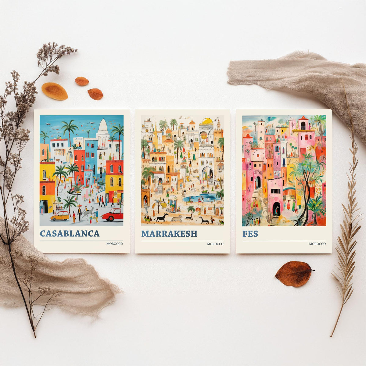 Morocco Set of Three Travel Posters - Casablanca, Marrakesh, Fes - Ludwig Folk Art Prints - Naive Painting