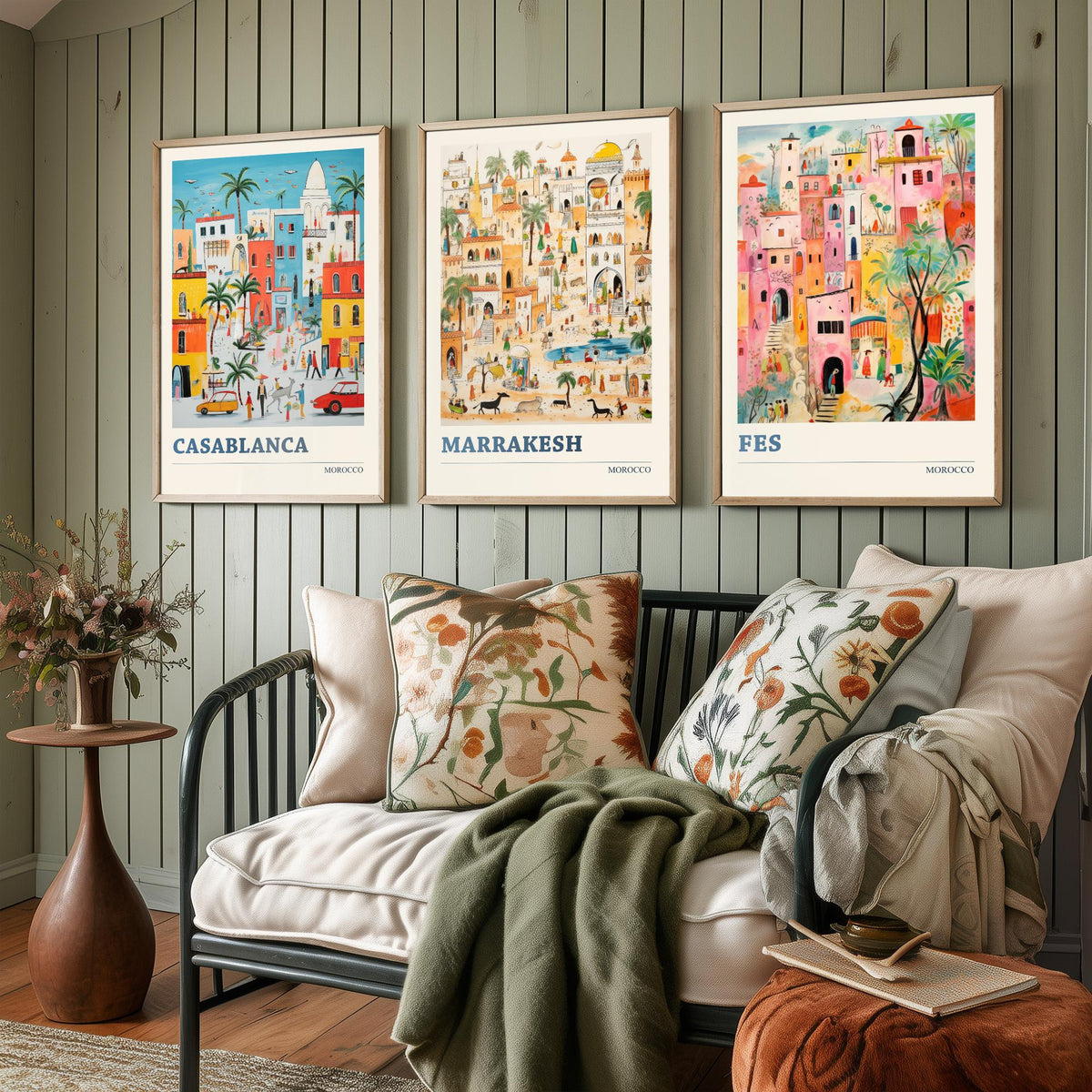 Morocco Set of Three Travel Posters - Casablanca, Marrakesh, Fes - Ludwig Folk Art Prints - Naive Painting