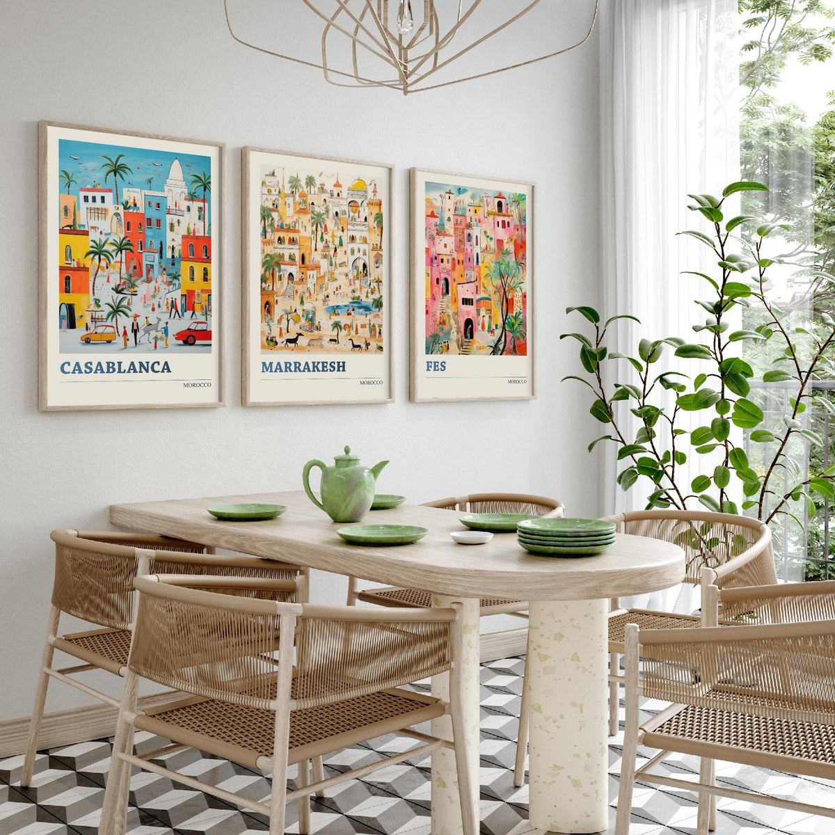 Morocco Set of Three Travel Posters - Casablanca, Marrakesh, Fes - Ludwig Folk Art Prints - Naive Painting