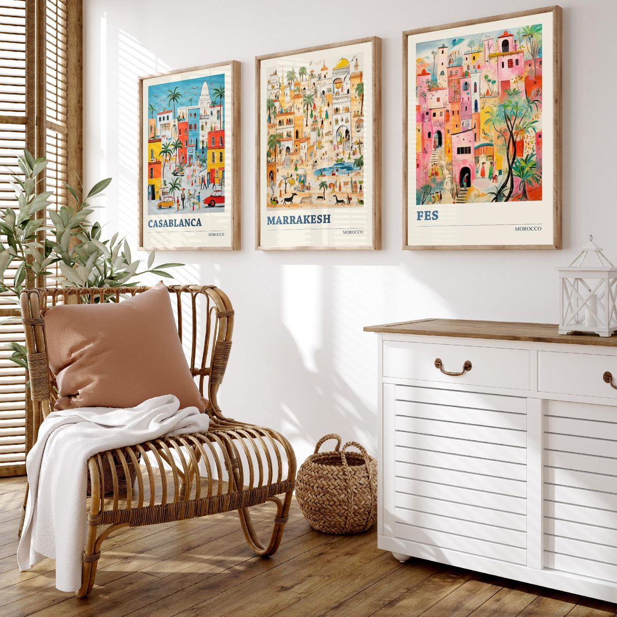 Morocco Set of Three Travel Posters - Casablanca, Marrakesh, Fes - Ludwig Folk Art Prints - Naive Painting