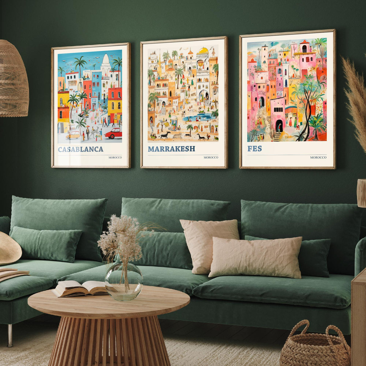 Morocco Set of Three Travel Posters - Casablanca, Marrakesh, Fes - Ludwig Folk Art Prints - Naive Painting