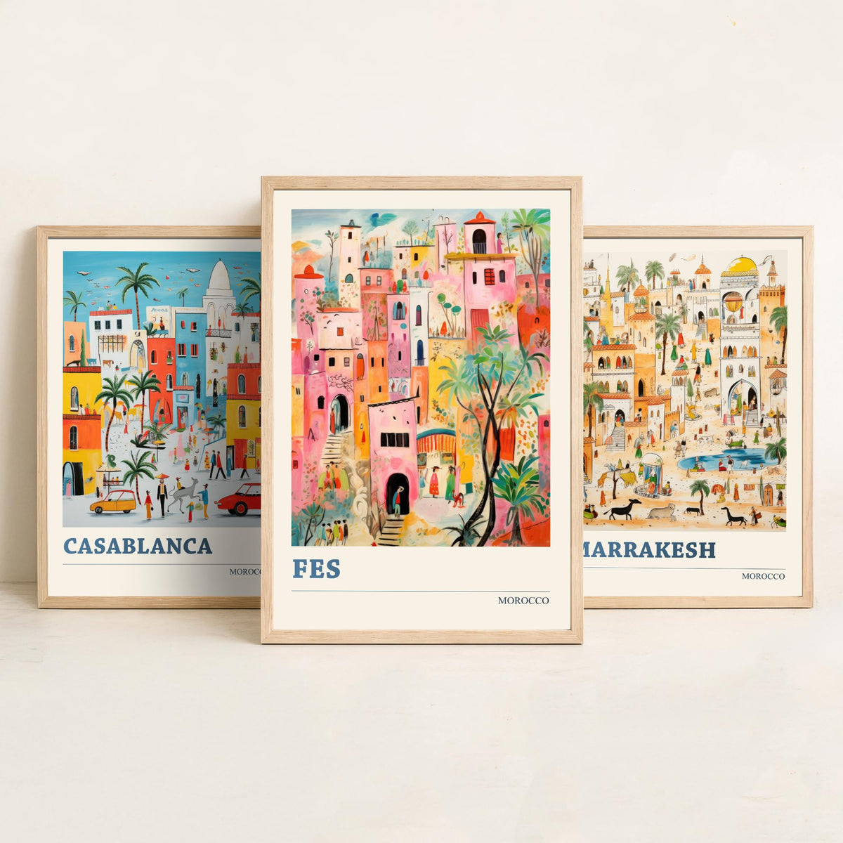 Morocco Set of Three Travel Posters - Casablanca, Marrakesh, Fes - Ludwig Folk Art Prints - Naive Painting