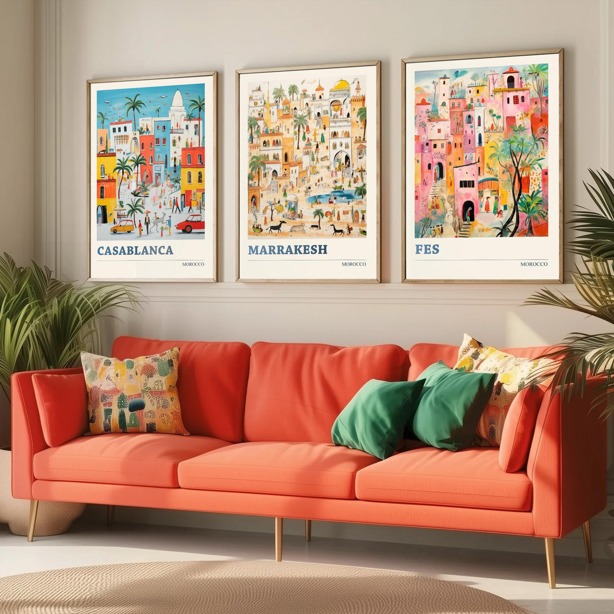 Morocco Set of Three Travel Posters - Casablanca, Marrakesh, Fes - Ludwig Folk Art Prints - Naive Painting