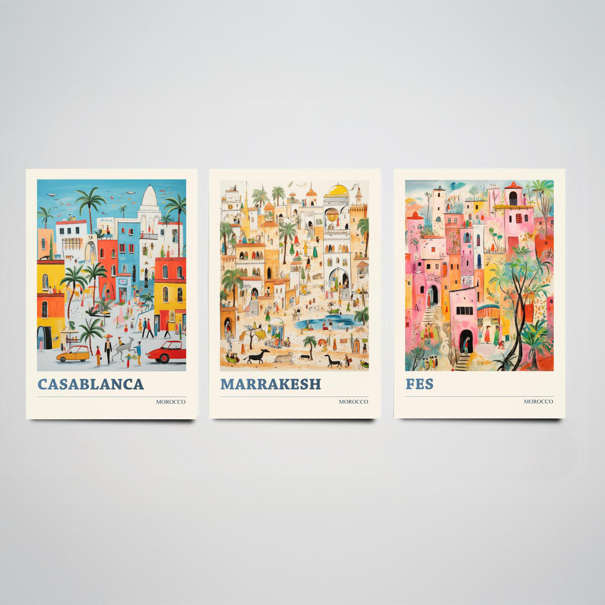 Morocco Set of Three Travel Posters - Casablanca, Marrakesh, Fes - Ludwig Folk Art Prints - Naive Painting