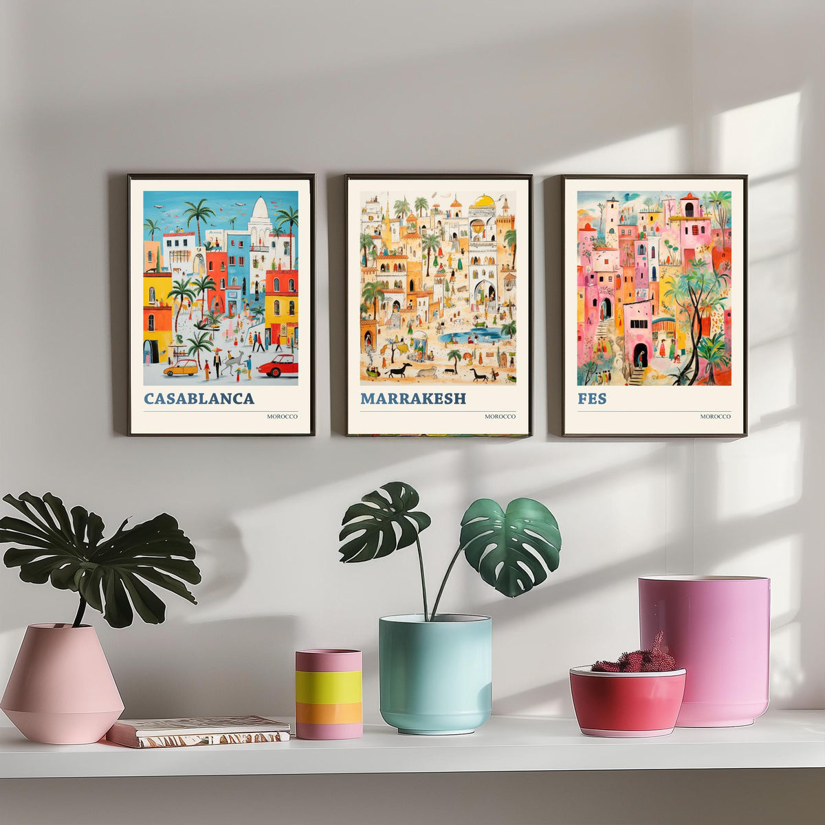 Morocco Set of Three Travel Posters - Casablanca, Marrakesh, Fes - Ludwig Folk Art Prints - Naive Painting