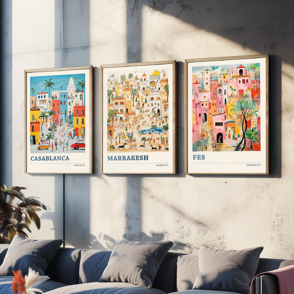 Morocco Set of Three Travel Posters - Casablanca, Marrakesh, Fes - Ludwig Folk Art Prints - Naive Painting