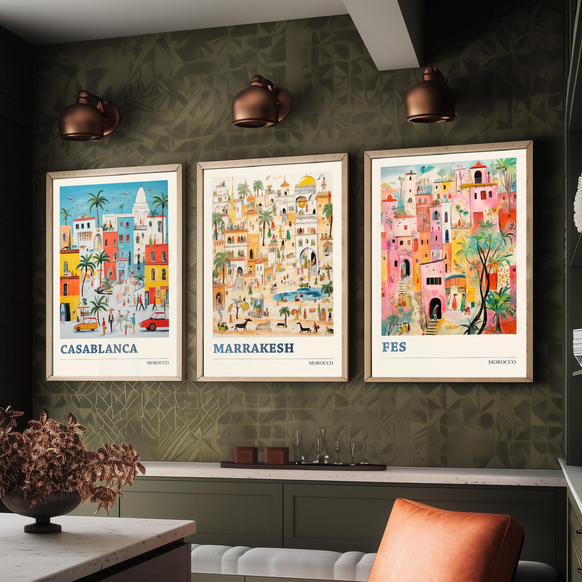 Morocco Set of Three Travel Posters - Casablanca, Marrakesh, Fes - Ludwig Folk Art Prints - Naive Painting