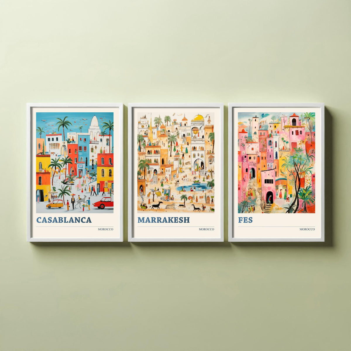 Morocco Set of Three Travel Posters - Casablanca, Marrakesh, Fes - Ludwig Folk Art Prints - Naive Painting