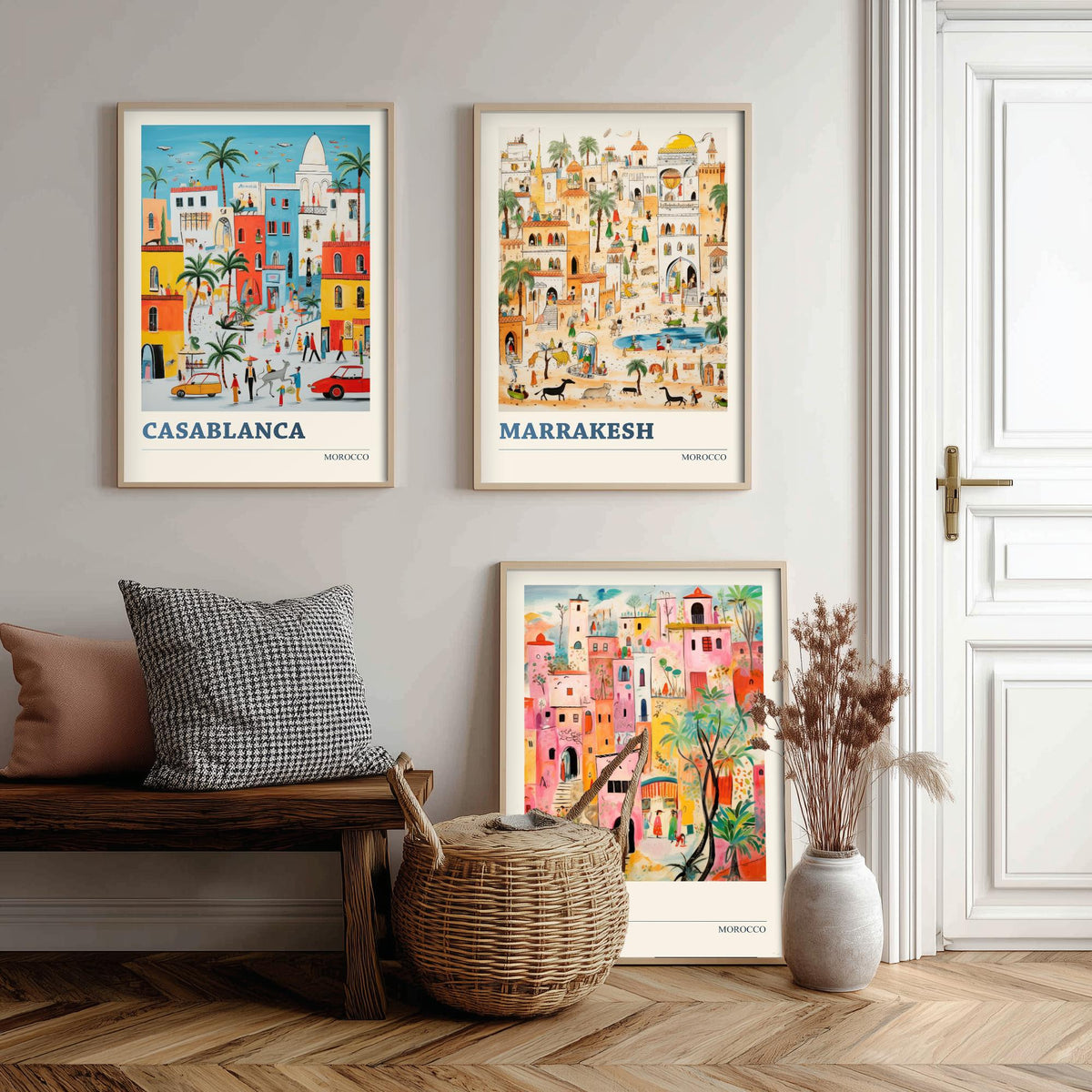 Morocco Set of Three Travel Posters - Casablanca, Marrakesh, Fes - Ludwig Folk Art Prints - Naive Painting