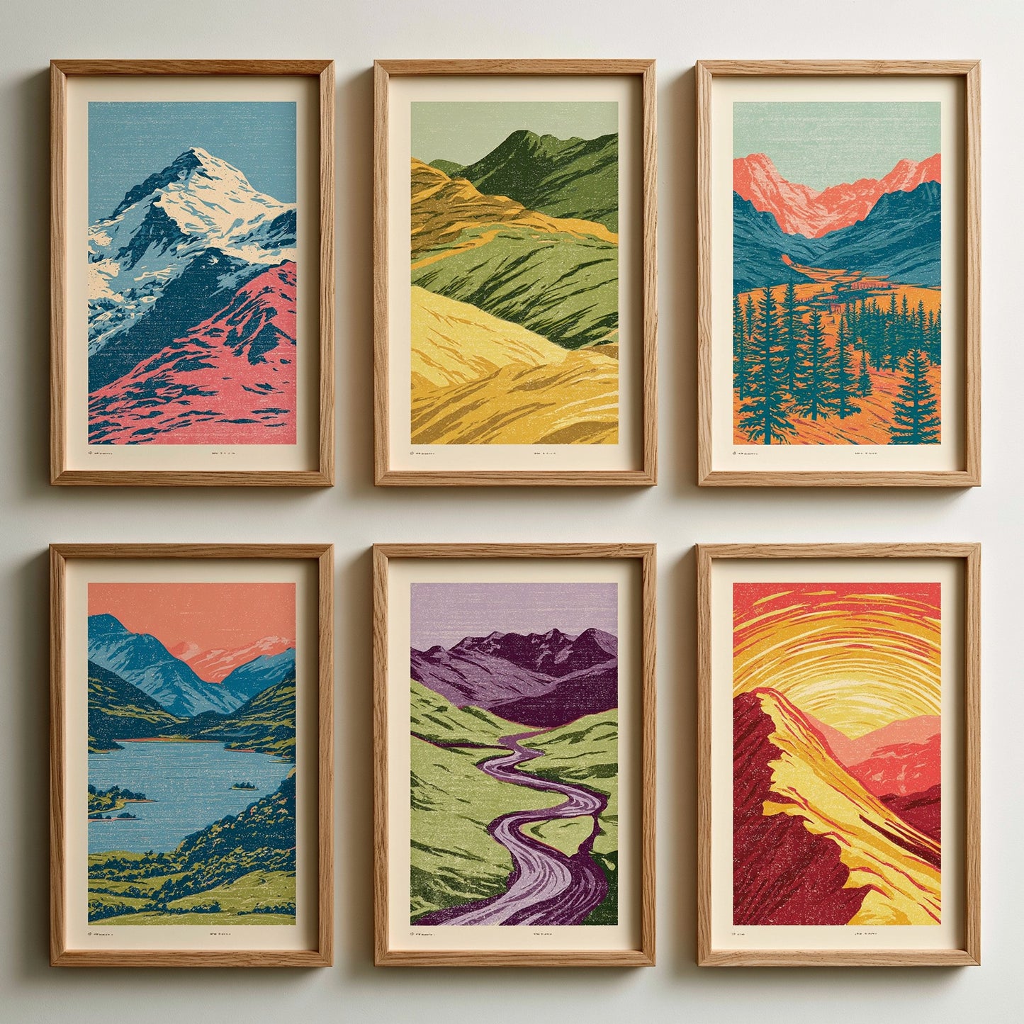 Set of Six Mountain Landscape Art Prints - 6 Colourful Linocut Illustrations - Poster - Snowy Peak, Alpine Forest, Lake, Sunrise Ridge