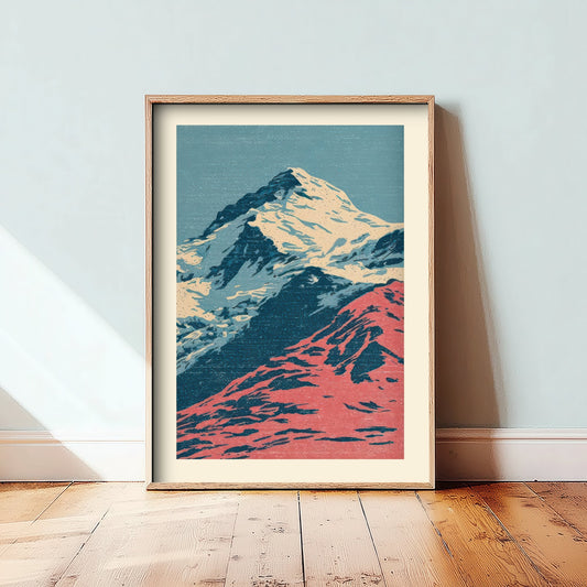Snowy Alpine Peak Art Print - Coral and Navy Mountain Poster - Linocut Style Woodcut V1 1/3
