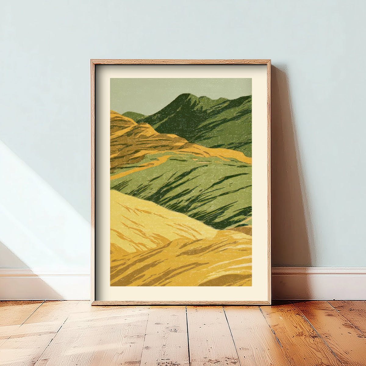 Rolling Green Hills Poster - Ochre and Moss Upland Woodcut - Linocut Style Art Print V1 2/3