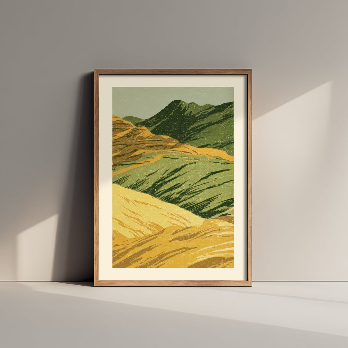 Rolling Green Hills Poster - Ochre and Moss Upland Woodcut - Linocut Style Art Print V1 2/3