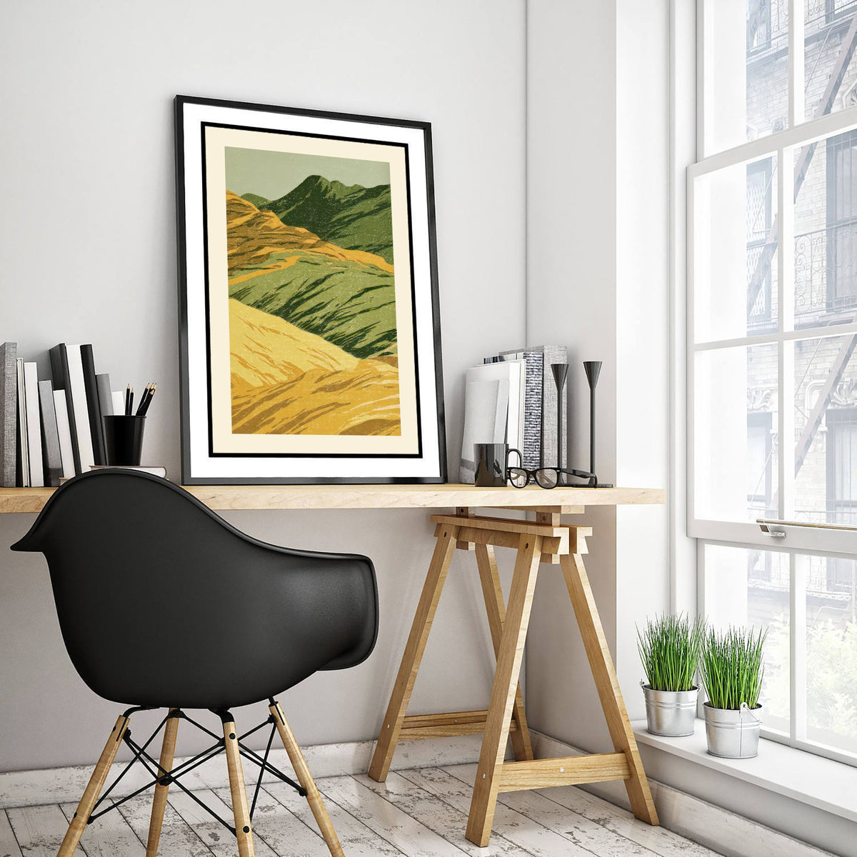 Rolling Green Hills Poster - Ochre and Moss Upland Woodcut - Linocut Style Art Print V1 2/3